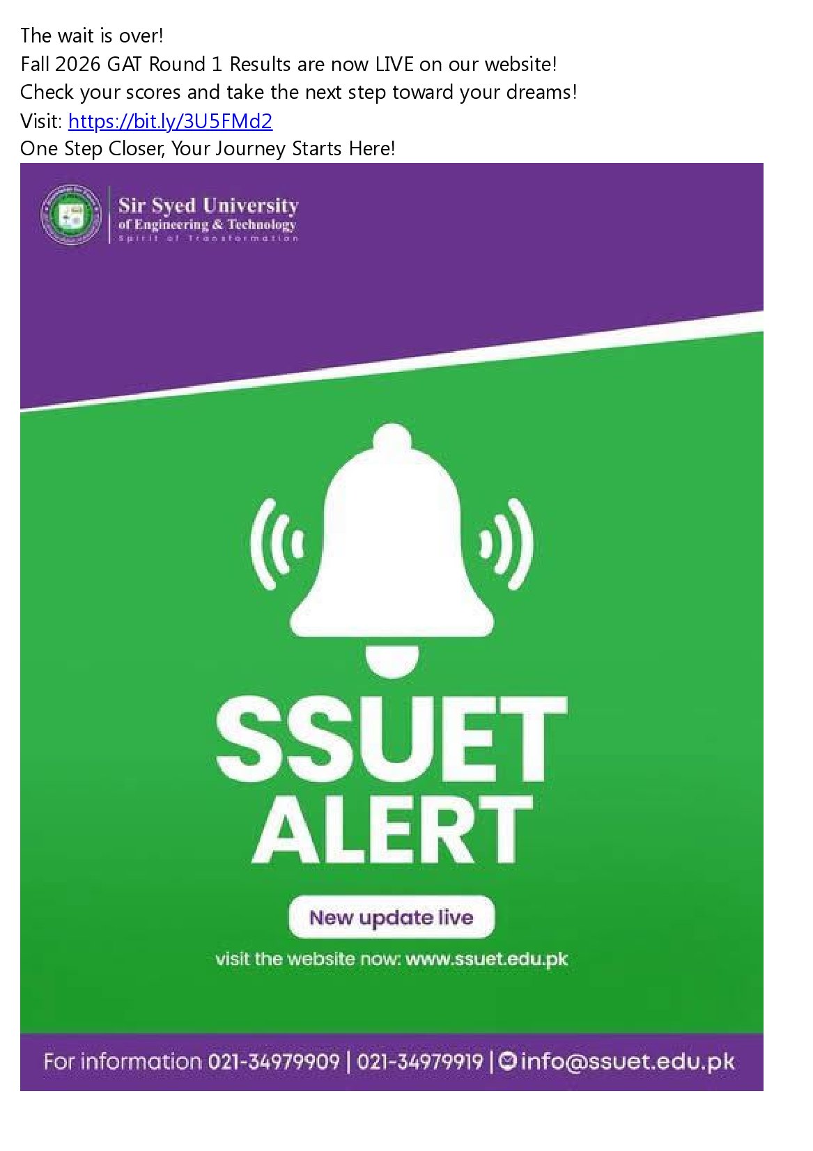 SSUET GAT Round 1 Fall 2026 Result Announcement Notice SSUET GAT Round 1 Fall 2026 Result Announcement Notice