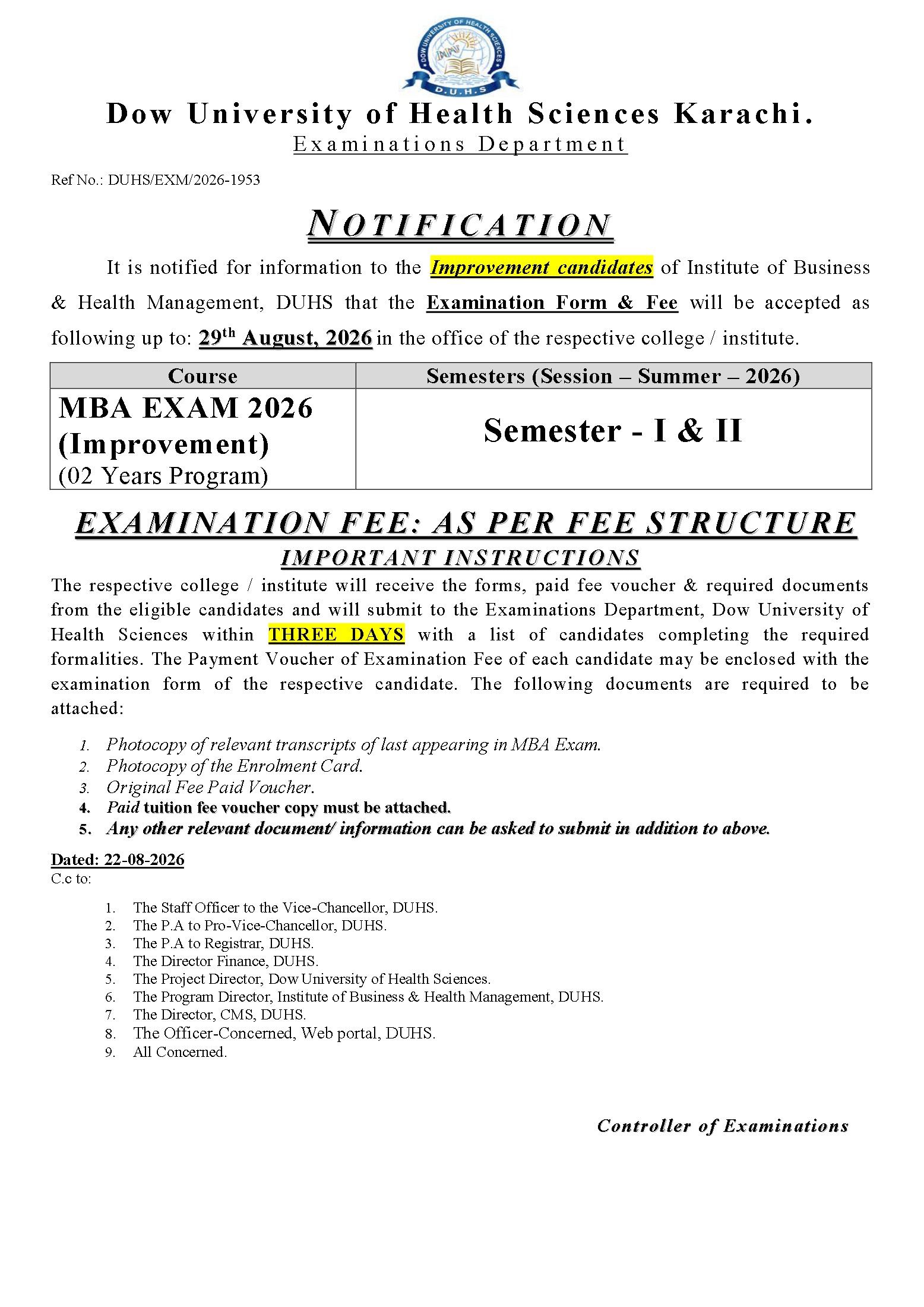 DUHS Exam Form & Fee Notice 2026 Announced for MBA 2 Year Prog Improvement Exams DUHS Exam Form & Fee Notice 2026 Announced for MBA 2 Year Prog Improvement Exams