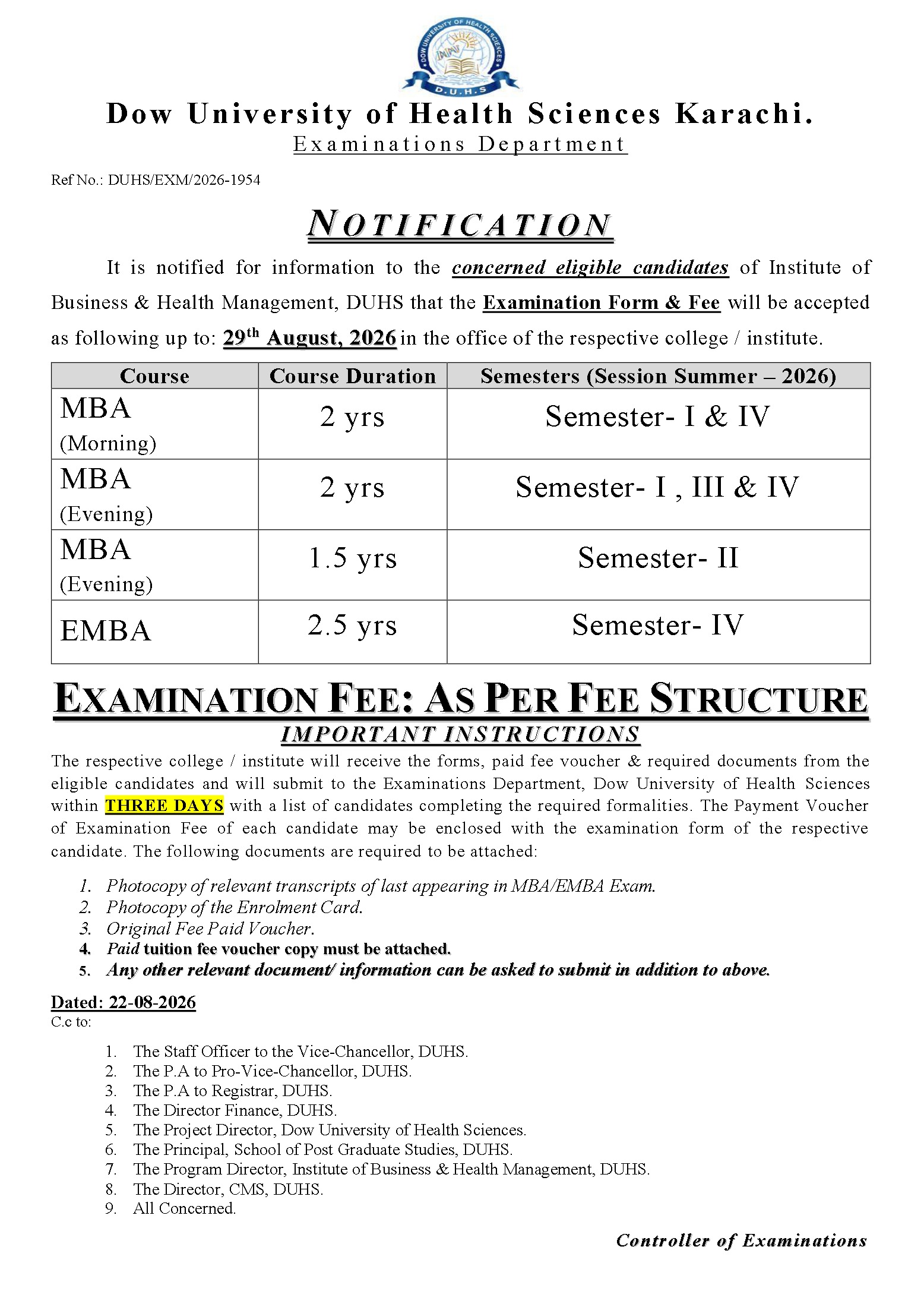 DUHS MBA & EMBA Exam Form Fee Notice 2026 DUHS MBA & EMBA Exam Form Fee Notice 2026