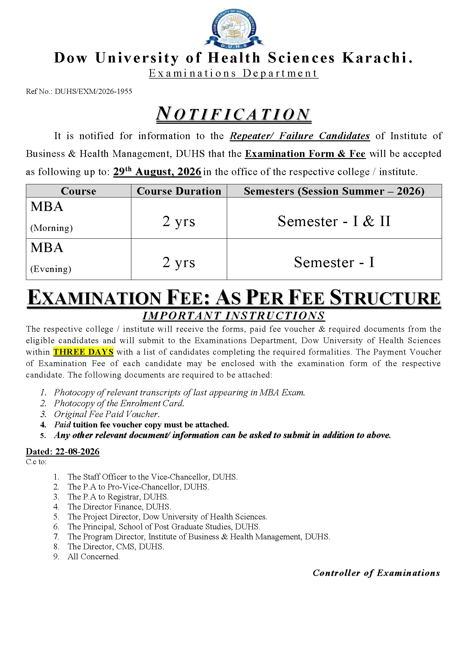 DUHS MBA Repeater Exam Form & Fee Notice 2026 Announced DUHS MBA Repeater Exam Form & Fee Notice 2026 Announced