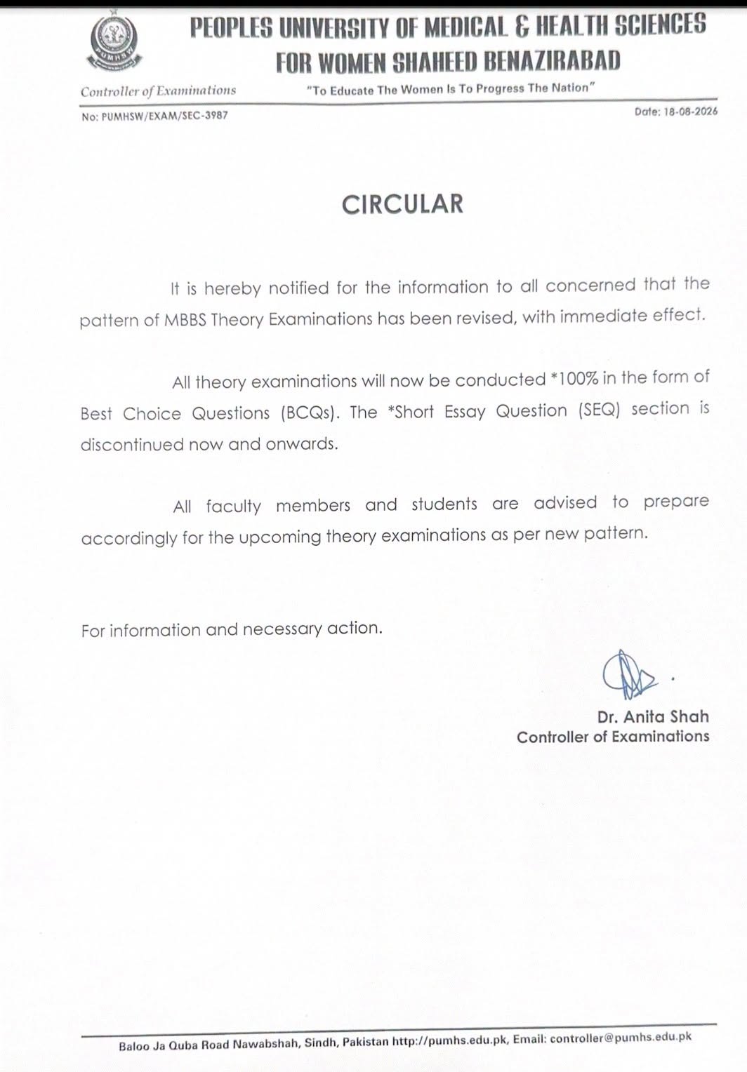 PUMHS Revised MBBS Paper Pattern Notice 2026 Issued PUMHS Revised MBBS Paper Pattern Notice 2026 Issued