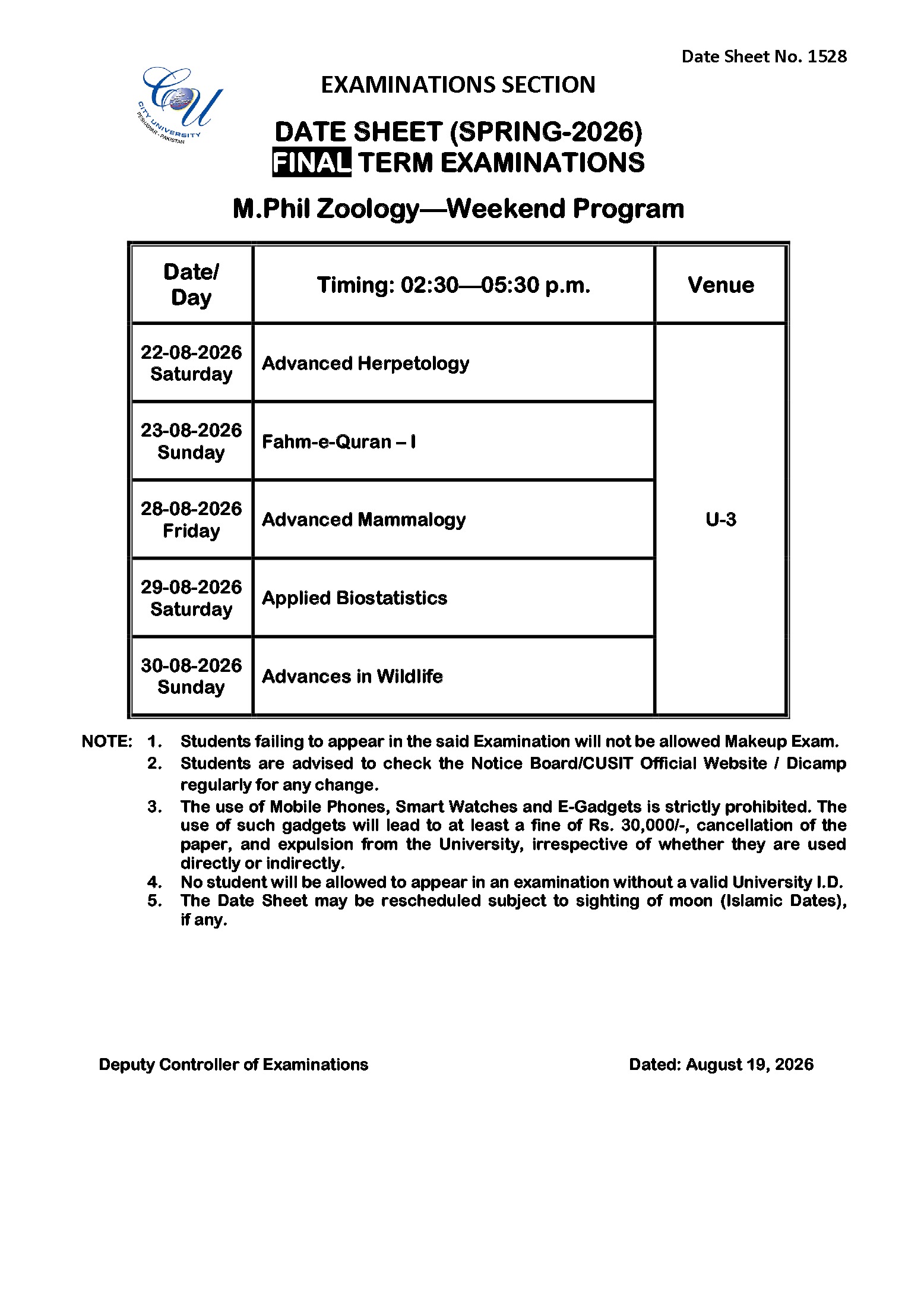 CUSIT Date Sheet for MPhil Programs 2026 CUSIT Date Sheet for MPhil Programs 2026