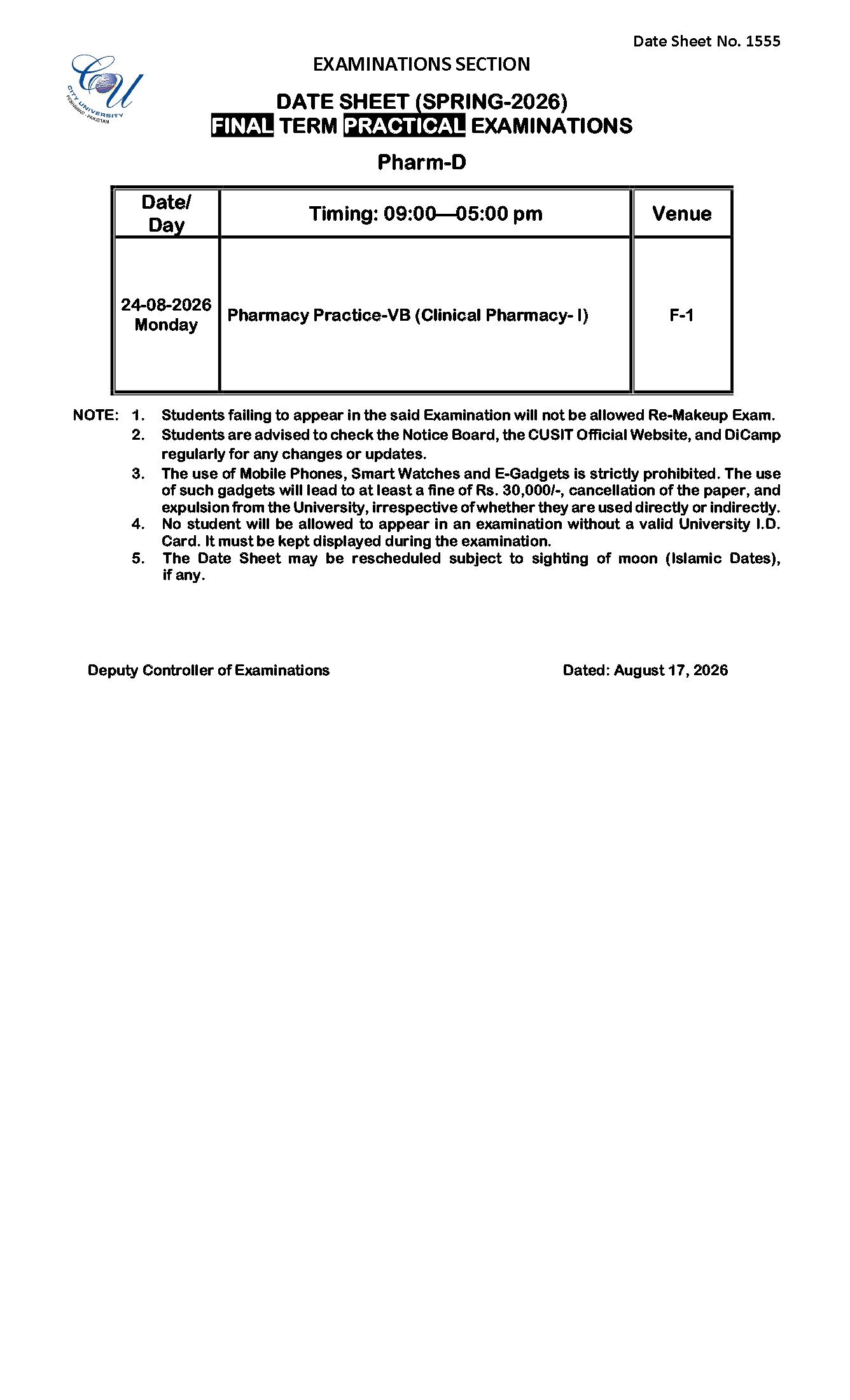 CUSIT PharmD Practical Date Sheet 2026 CUSIT PharmD Practical Date Sheet 2026