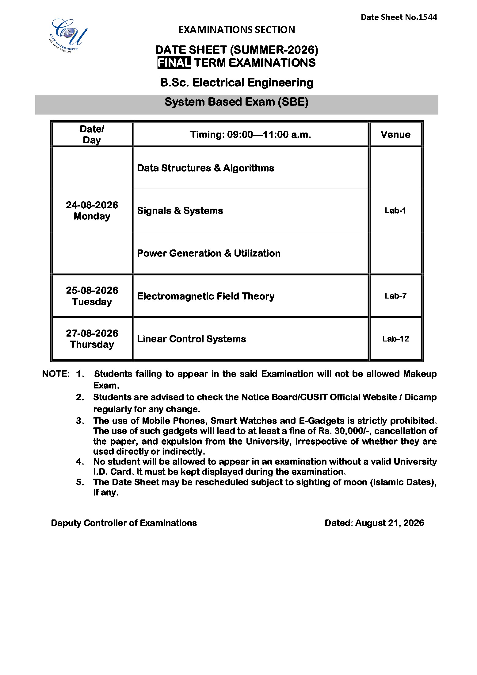 CUSIT B.Sc Exams Date Sheet 2026