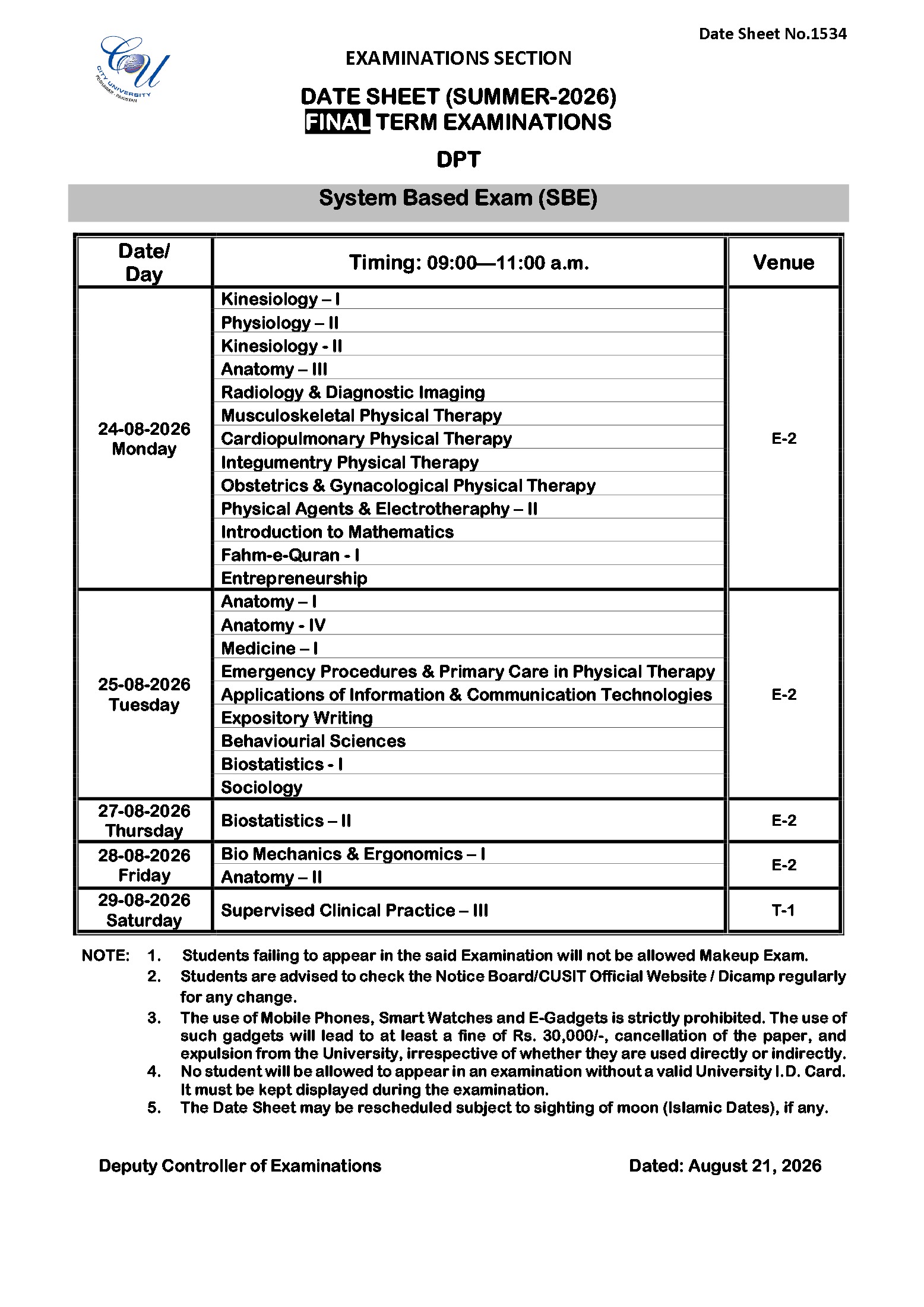 CUSIT DPT Exams Date Sheet 2026 CUSIT DPT Exams Date Sheet 2026