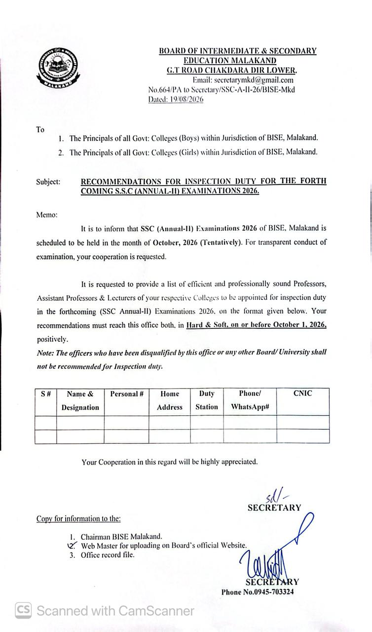 BISE Malakand SSC Inspection Duty 2026 BISE Malakand SSC Inspection Duty 2026