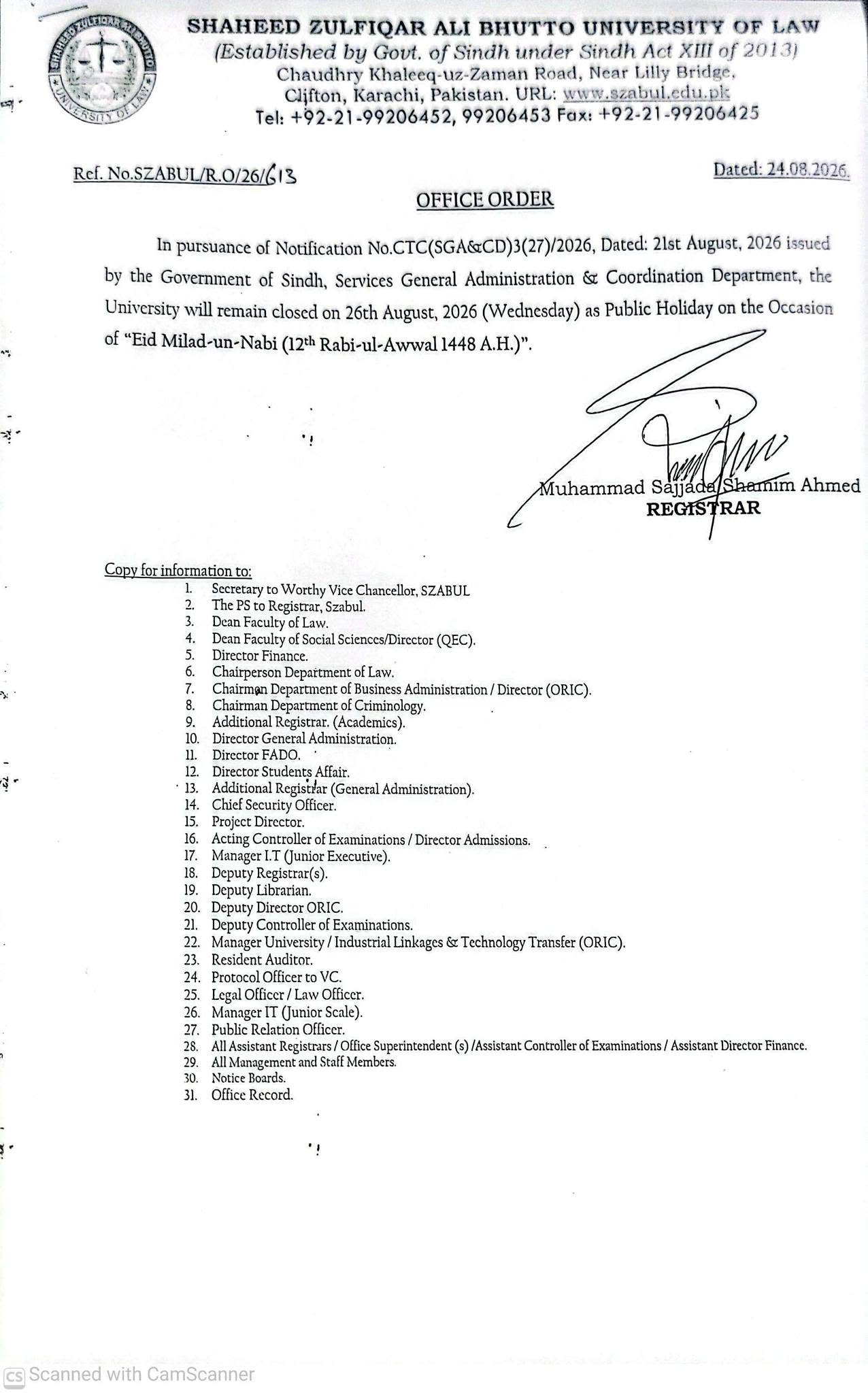SZABUL Holiday on 26th August for Eid Milad Un Nabi 2026