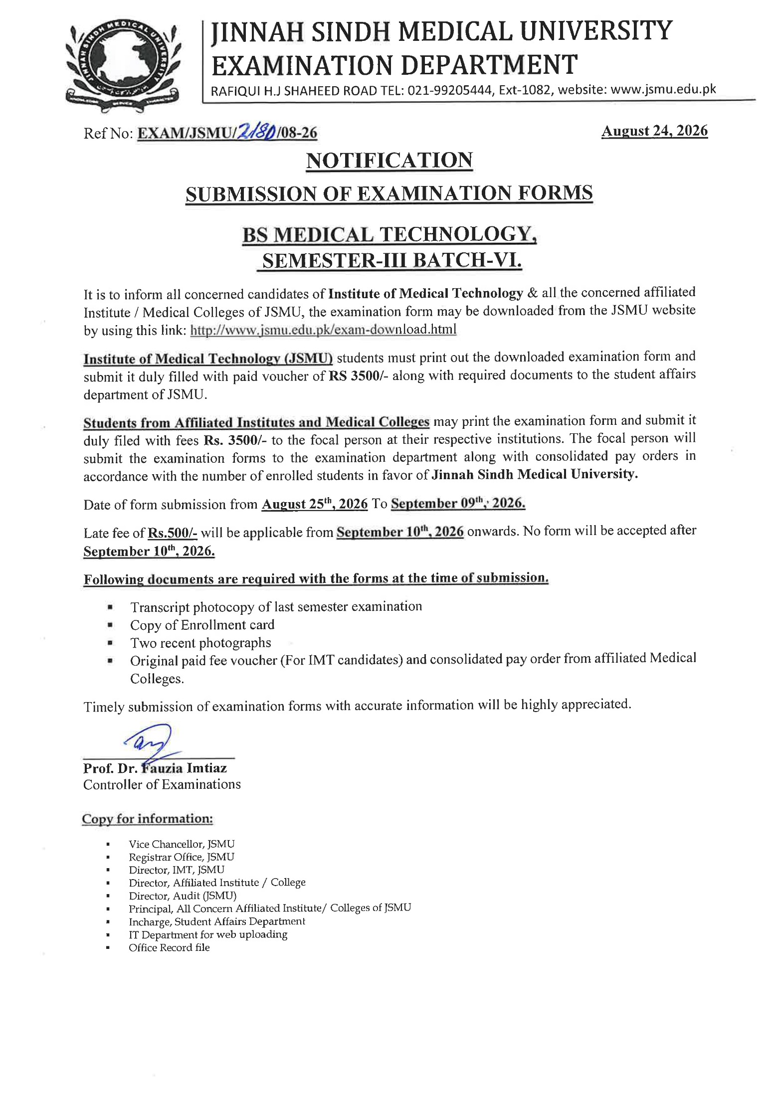 JSMU Exam Form 2026 for BSMT Sem III Students