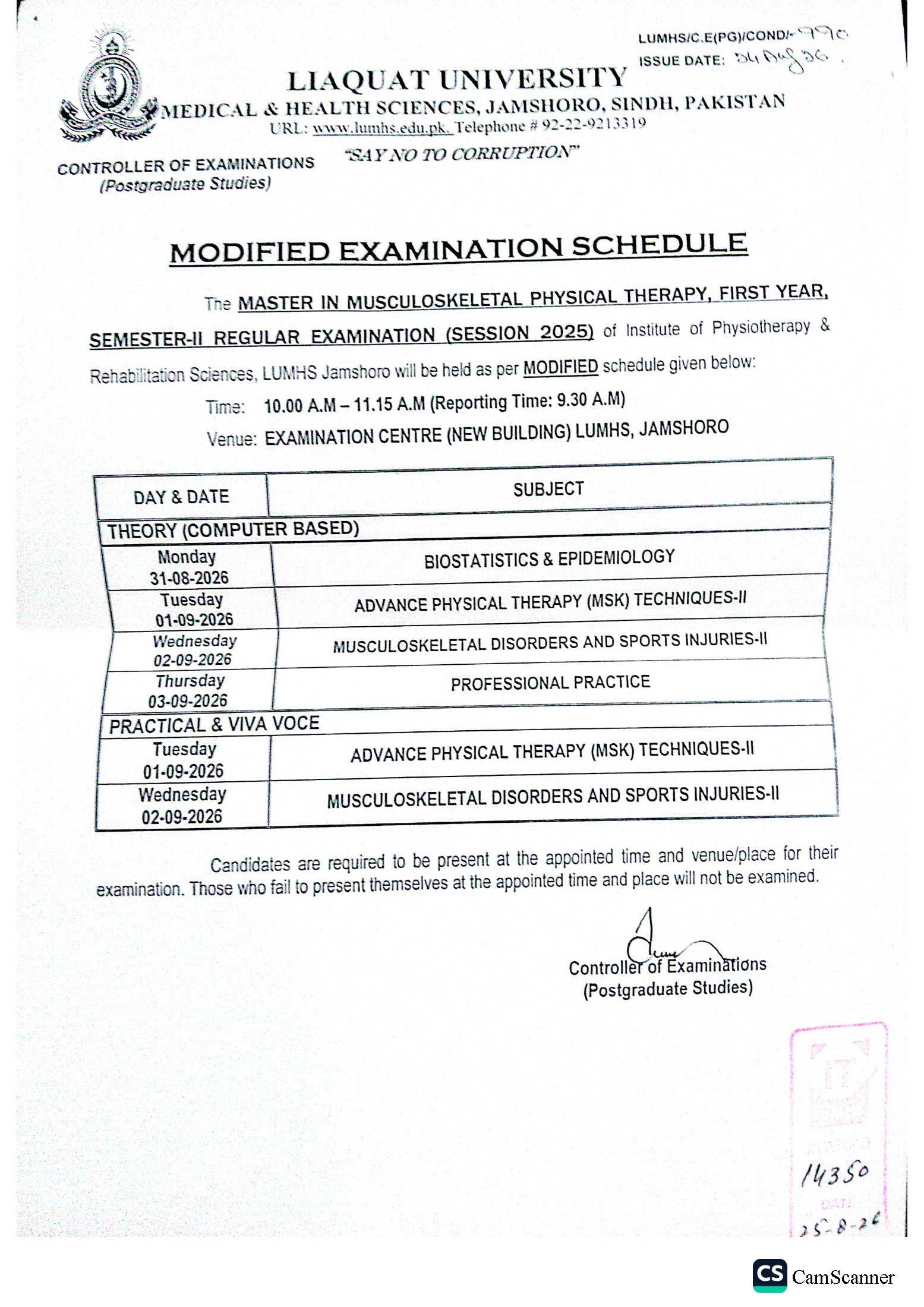 LUMHS Exam Schedule 2026 for MSK Physical Therapy LUMHS Exam Schedule 2026 for MSK Physical Therapy