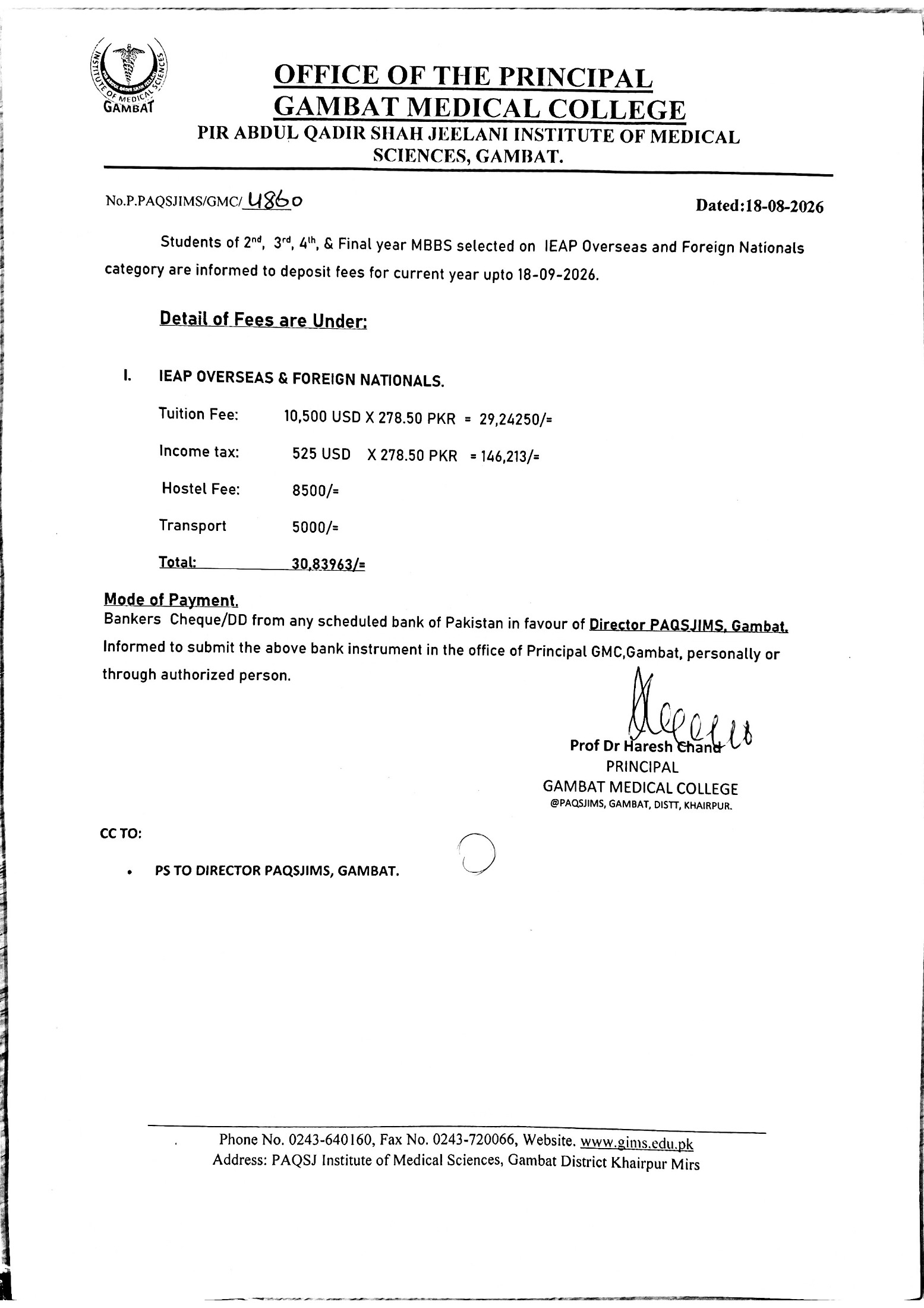 PAQSJIMS Fee Notice for Overseas Students 2026 PAQSJIMS Fee Notice for Overseas Students 2026