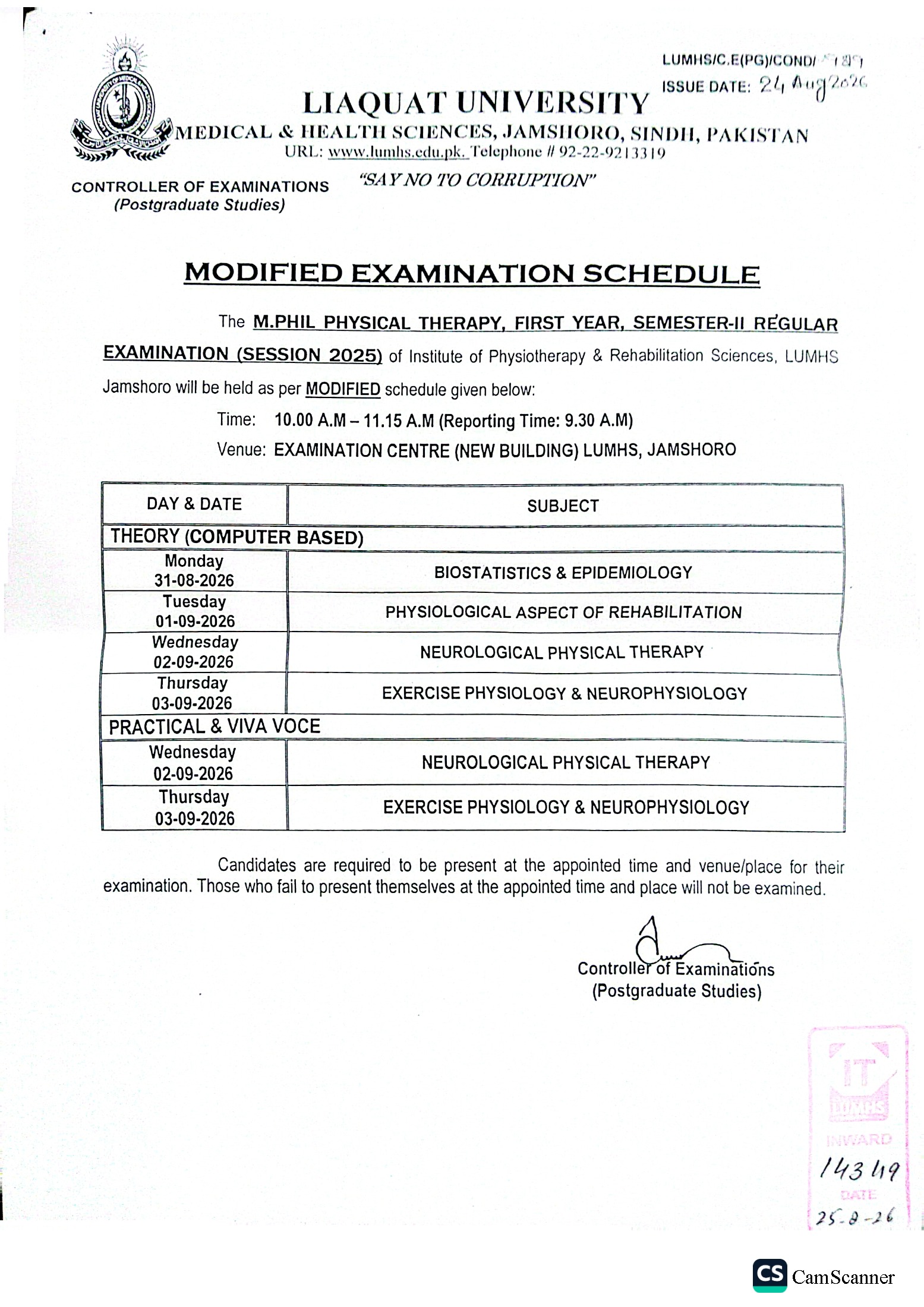 LUMHS Exam Schedule 2026 Announced for MPhil Programs Exams LUMHS Exam Schedule 2026 Announced for MPhil Programs Exams