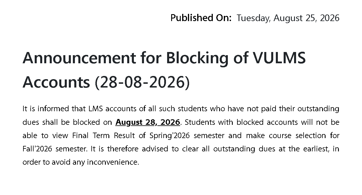 VU VULMS Account Blocking Notice for Students 2026