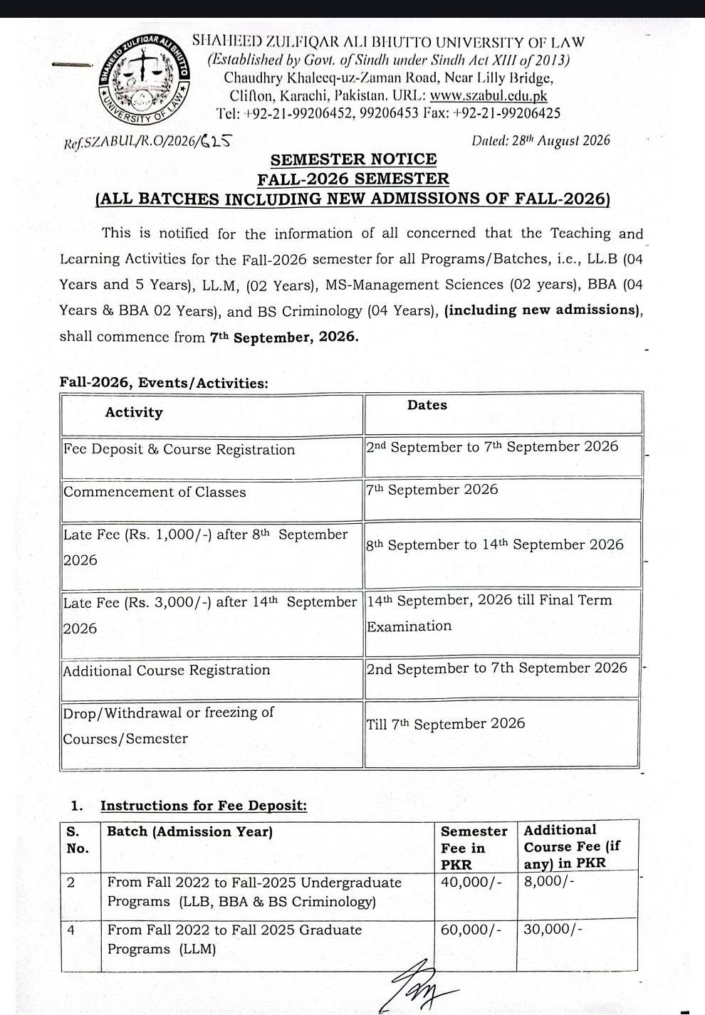 SZABUL Semester Notice 2026 for Students SZABUL Semester Notice 2026 for Students