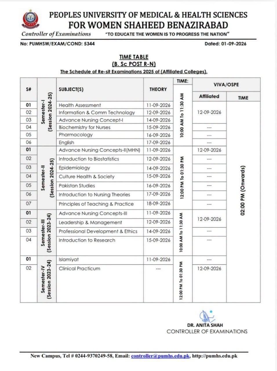 PUMHS Time Table 2026 Announced for B.Sc Post RN Exams PUMHS Time Table 2026 Announced for B.Sc Post RN Exams