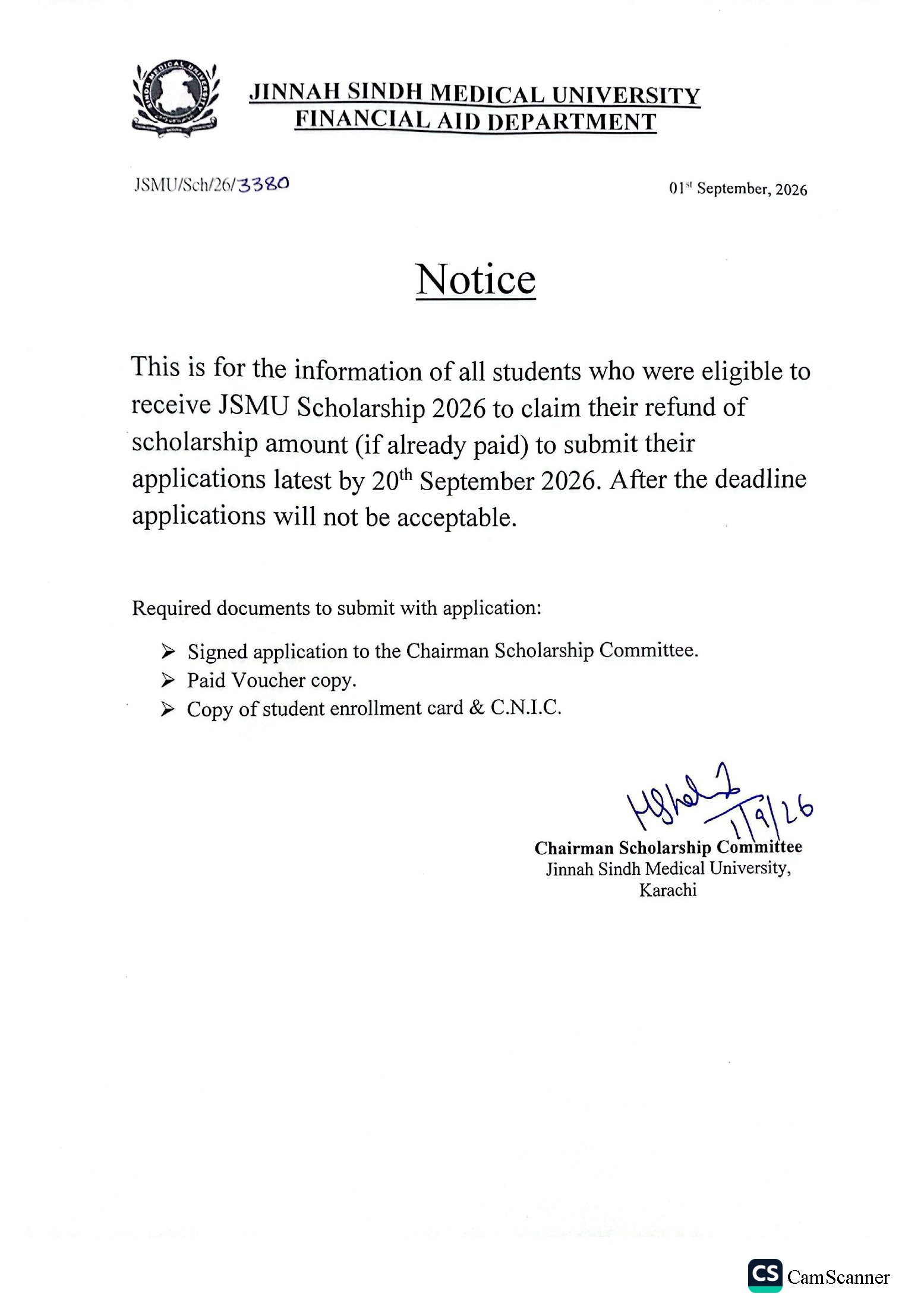 JSMU Refund Notice 2026 for Scholarship Students