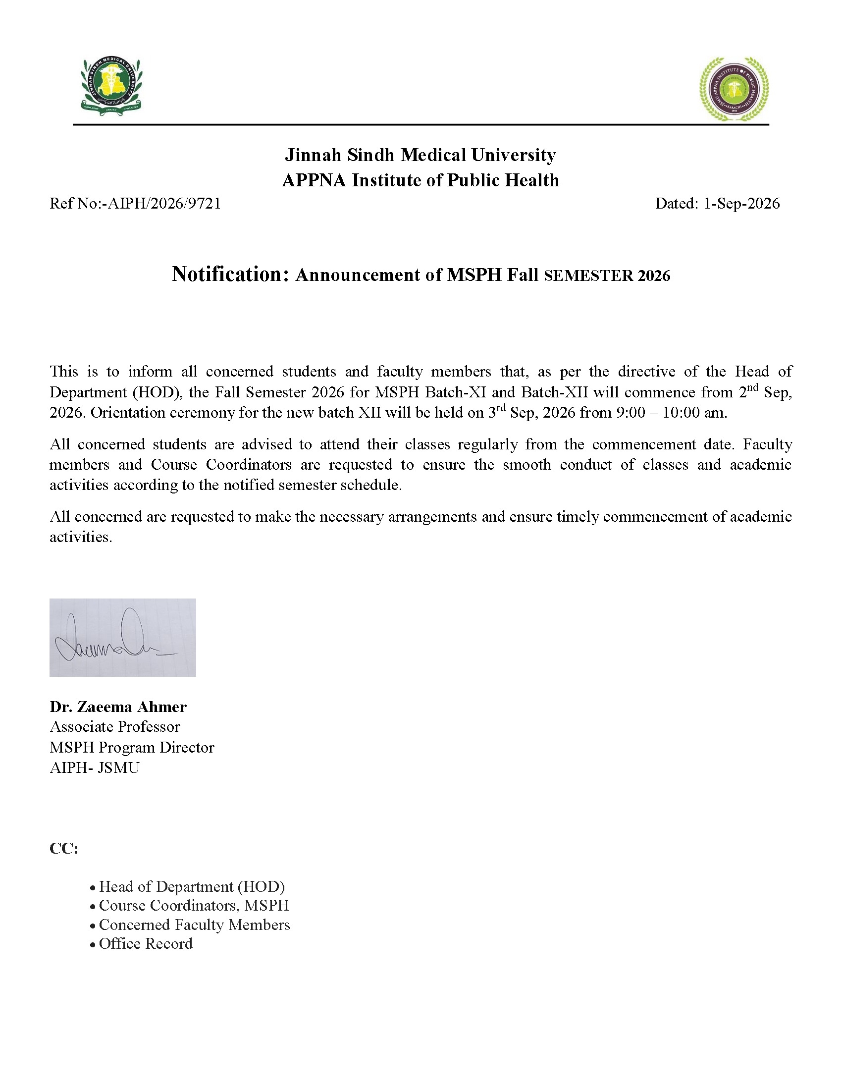 JSMU Semester Commencement Notice 2026 Released