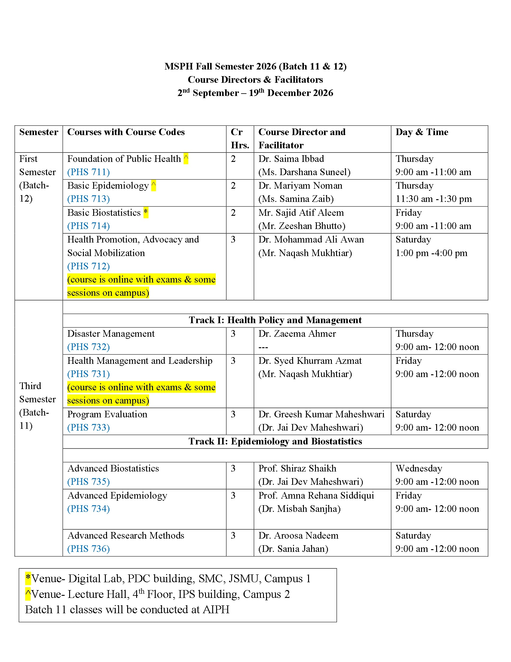 JSMU MSPH Fall Semester Time Table 2026 Released