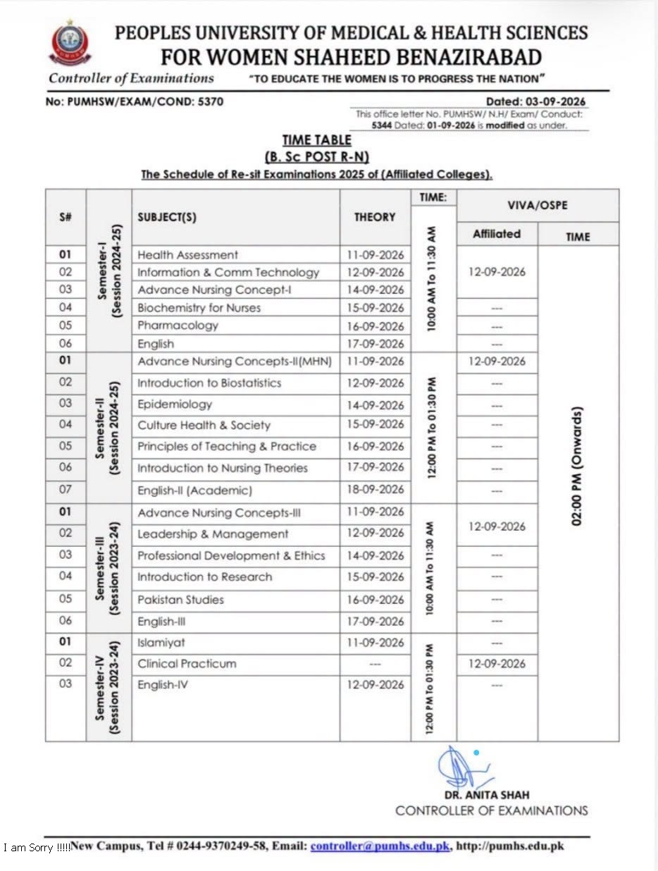 PUMHS Announces BSc Post RN Resit Exam Schedule 2026 PUMHS Announces BSc Post RN Resit Exam Schedule 2026