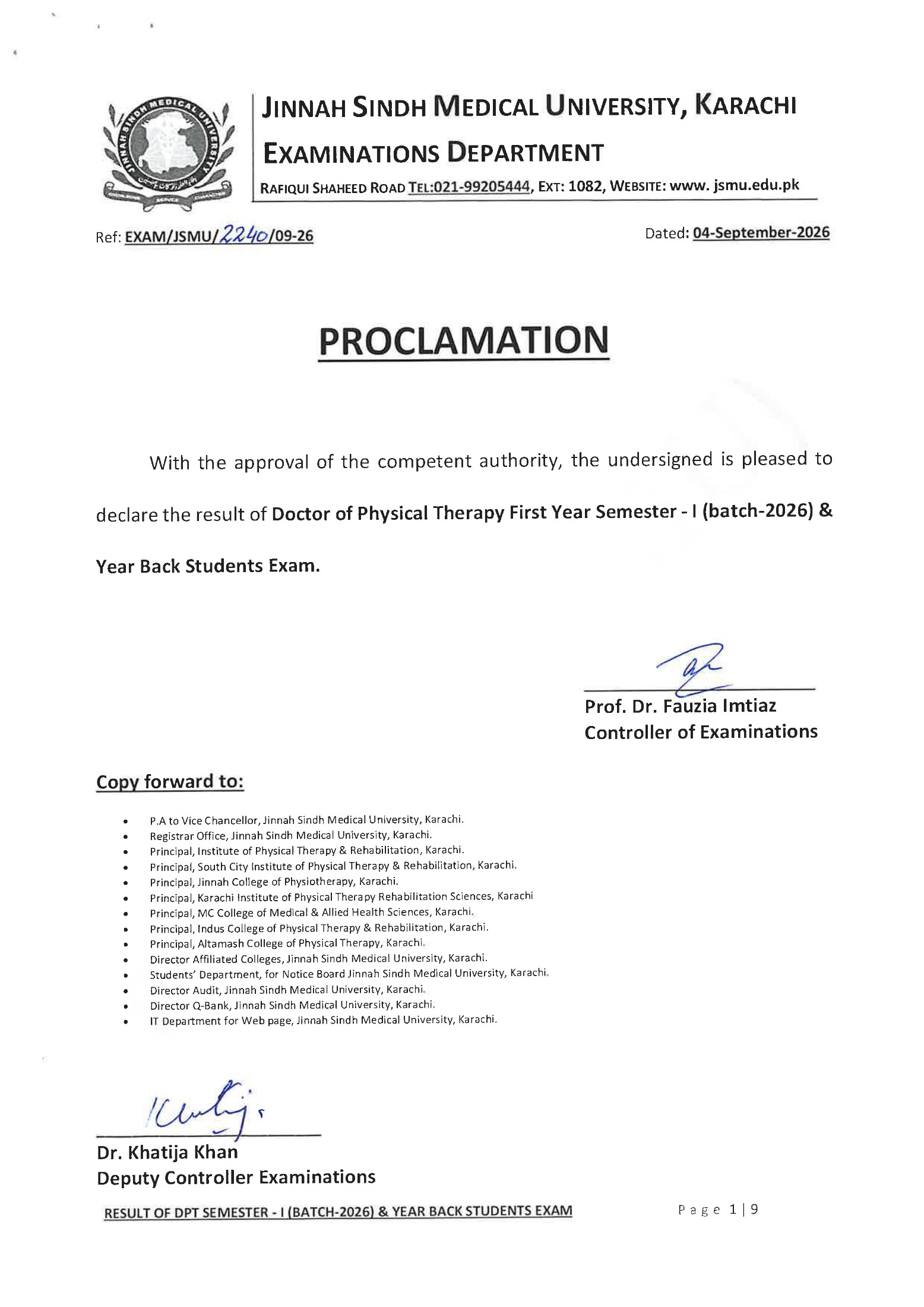 JSMU Result 2026 for DPT Program Exams Announced JSMU Result 2026 for DPT Program Exams Announced