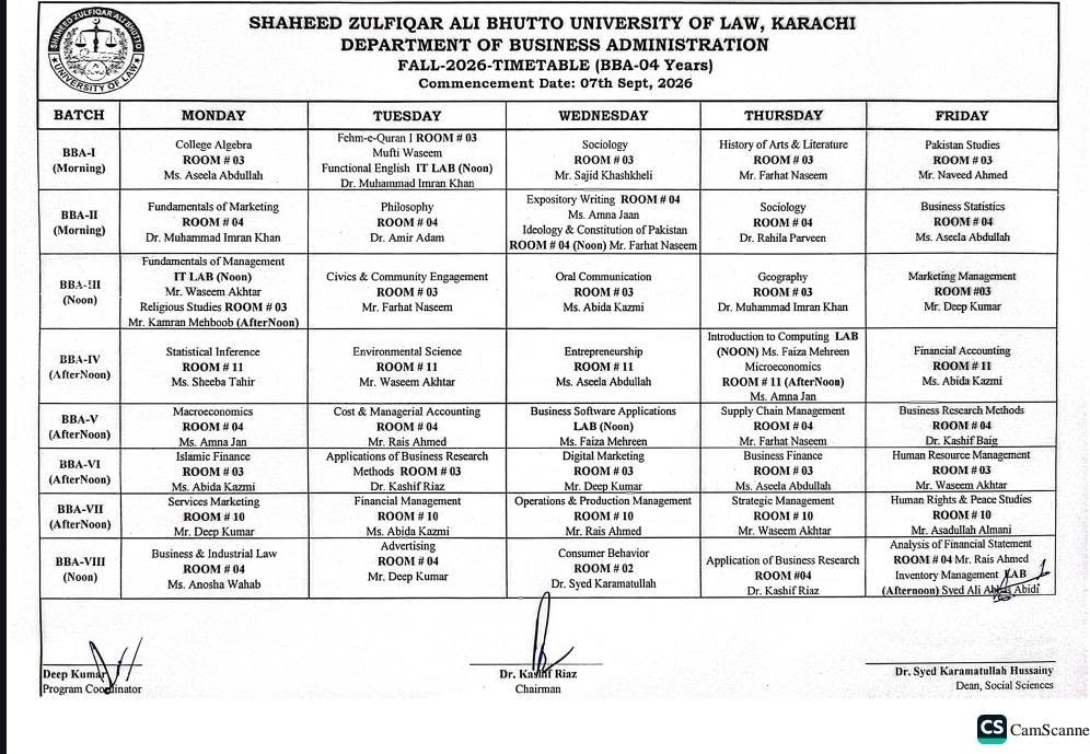 SZABUL Time Table 2026 for BBA 4 Years Program Announced SZABUL Time Table 2026 for BBA 4 Years Program Announced