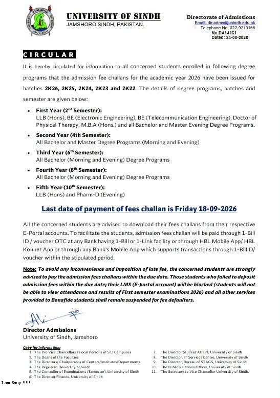 Latest USindh Fee Notice 2026 Announced for Multiple Batches Latest USindh Fee Notice 2026 Announced for Multiple Batches
