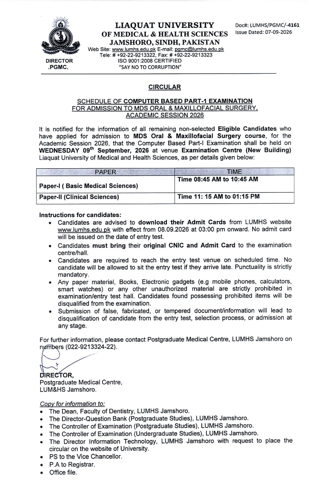 LUMHS Exam Schedule 2026 for MDS Oral & Maxillofacial Surgery Announced LUMHS Exam Schedule 2026 for MDS Oral & Maxillofacial Surgery Announced