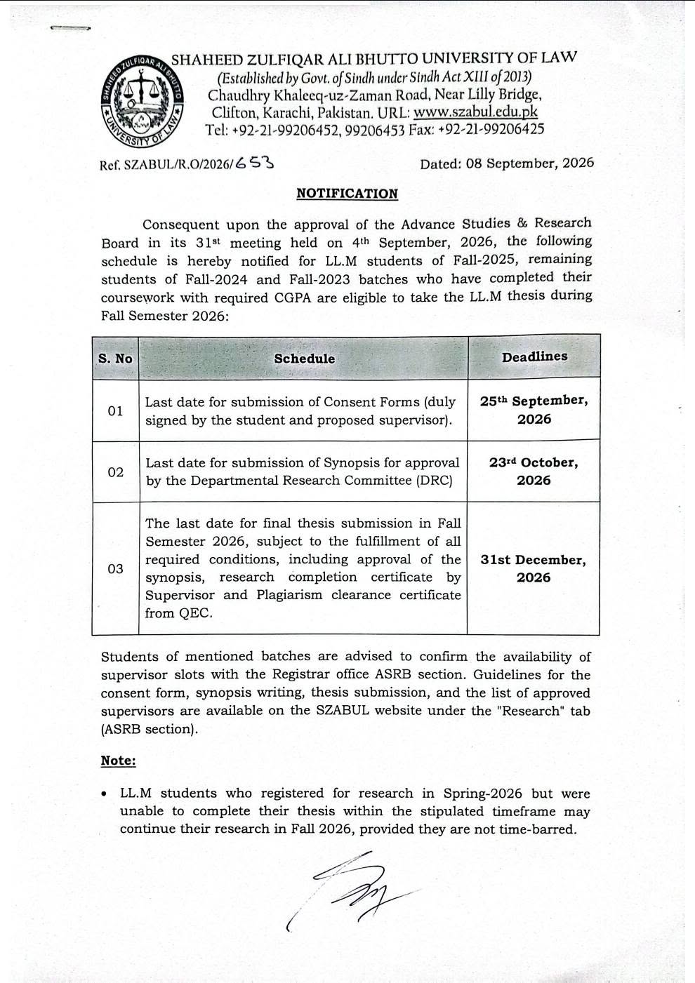 SZABUL Thesis Submission Notice 2026 for LLM Students Released Check Now