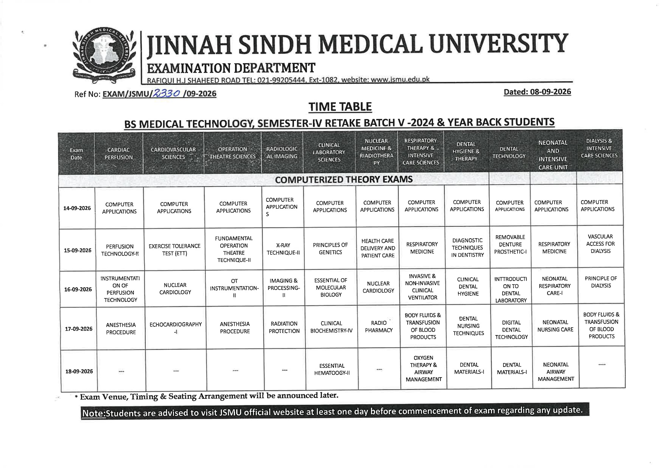 JSMU BSMT Program Time Table 2026 Released JSMU BSMT Program Time Table 2026 Released