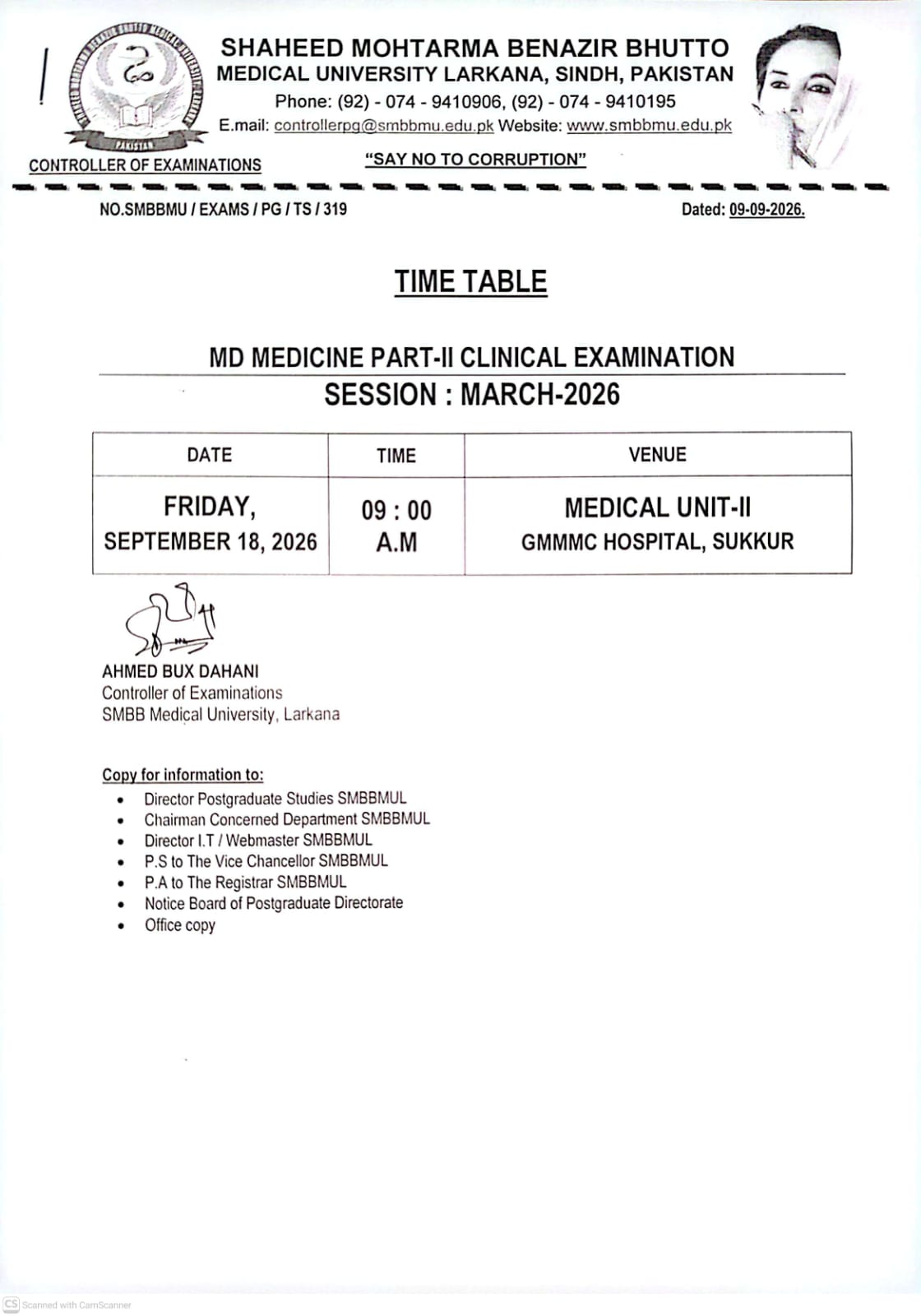 Check SMBBMU MD Medicine Part-II Clinical Exam Time Table 2026 Check SMBBMU MD Medicine Part-II Clinical Exam Time Table 2026