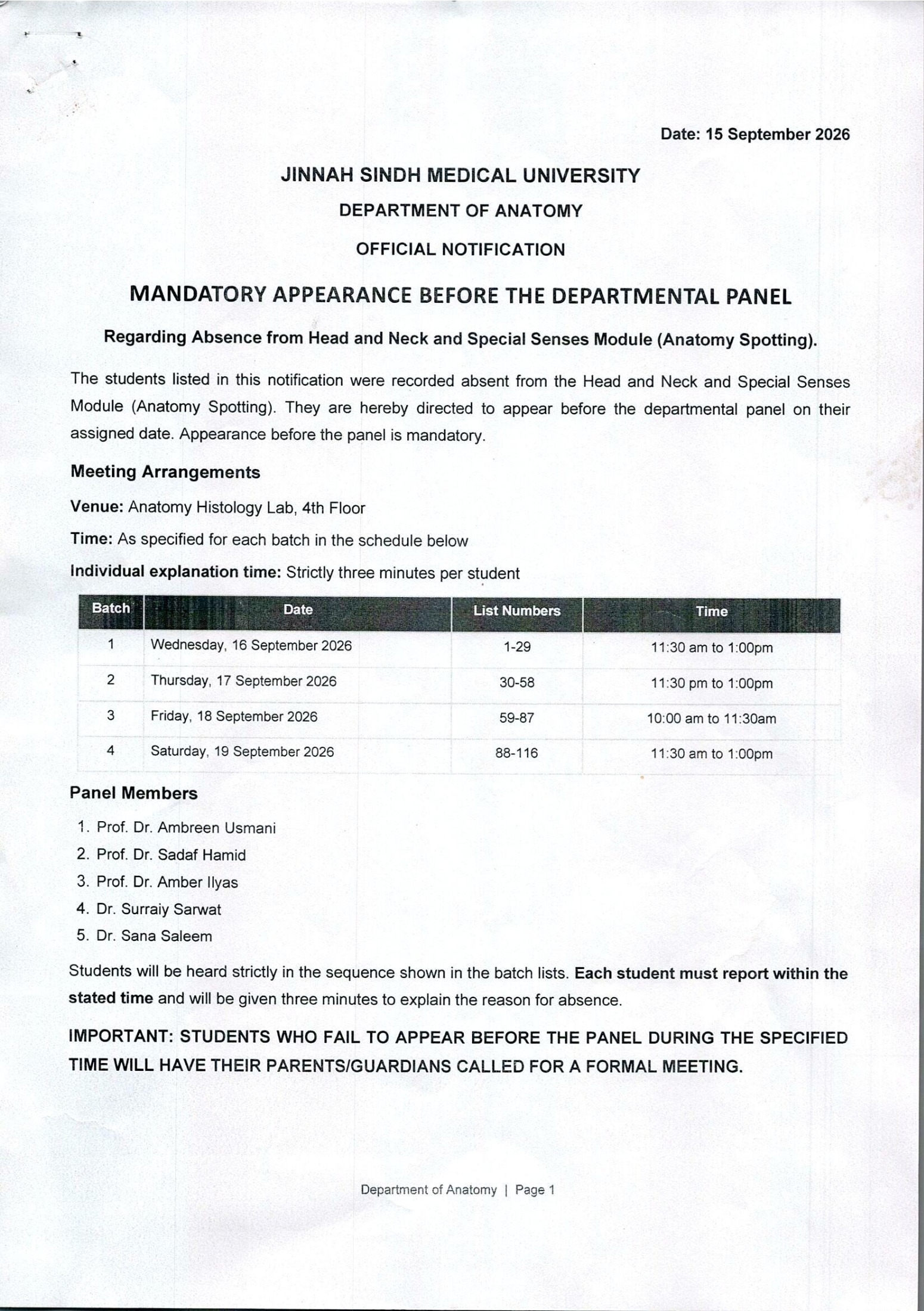 JSMU Notice for Absent Students in Head and Neck Spotting 2026 JSMU Notice for Absent Students in Head and Neck Spotting 2026
