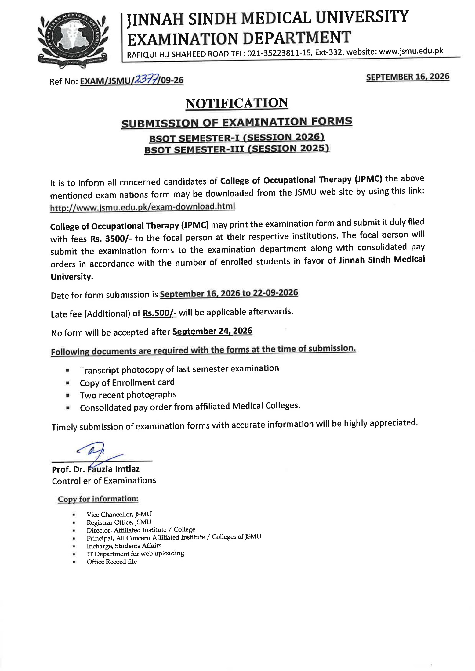 JSMU BSOT Program Exam Form Submission Notice 2026 Announced JSMU BSOT Program Exam Form Submission Notice 2026 Announced