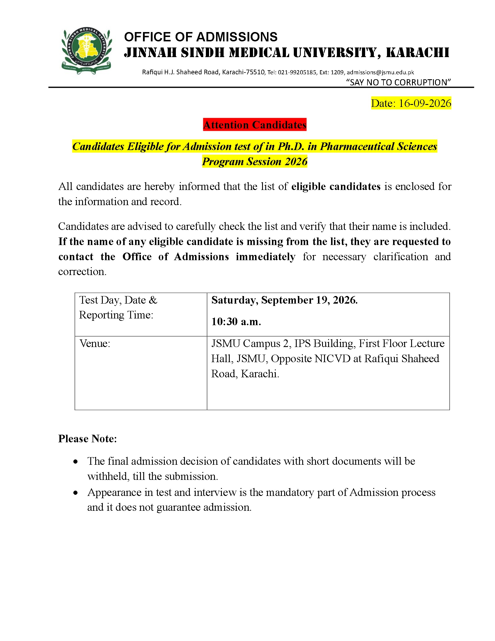 JSMU PhD Entry Test 2026 Announced JSMU PhD Entry Test 2026 Announced