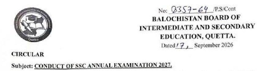 BBISE Quetta SSC Annual Exam 2027 Starts Dec 2026