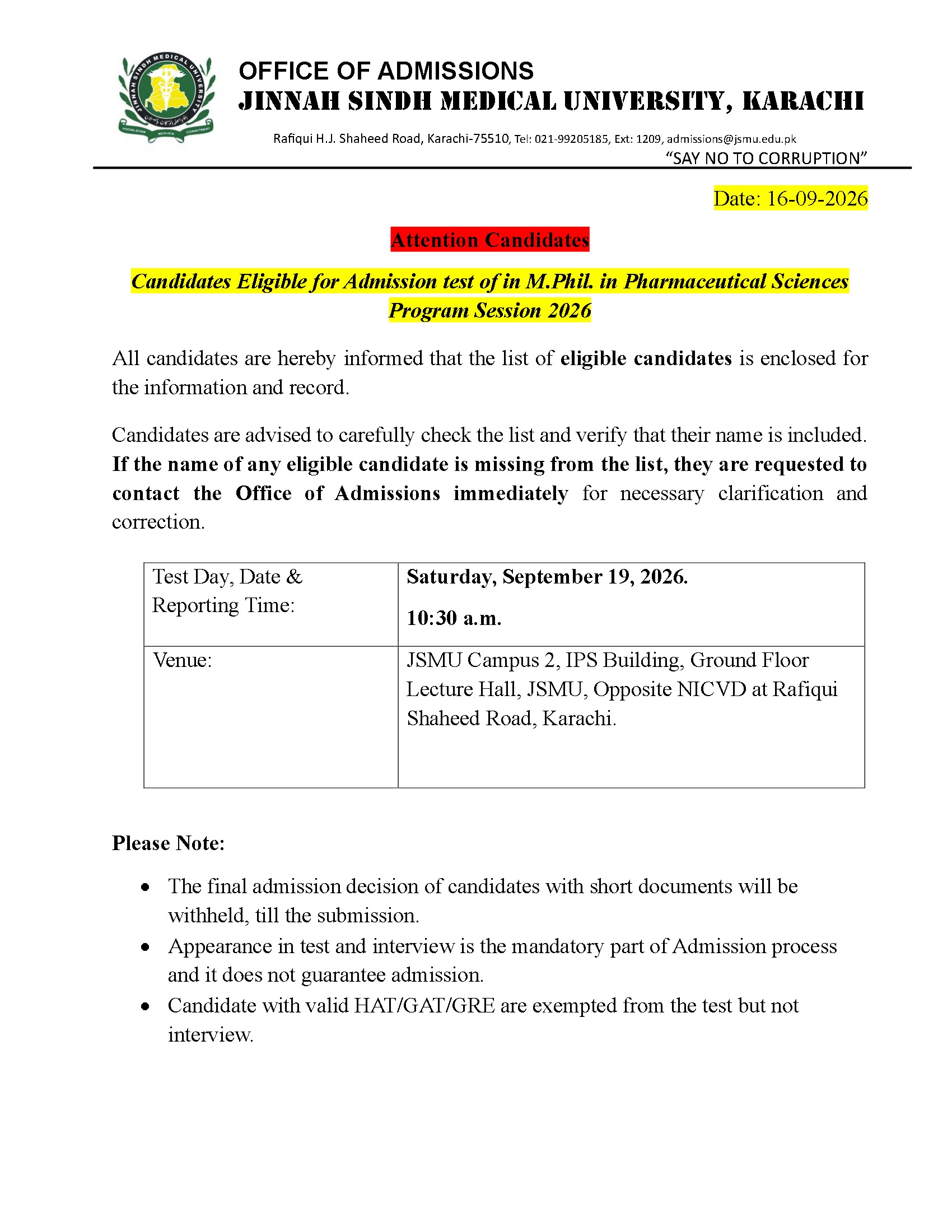 JSMU MPhil Entry Test 2026 Announced
