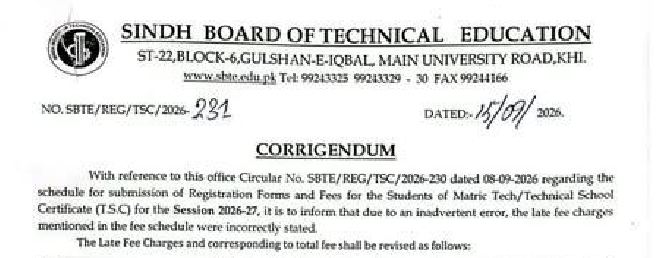 SBTE Matric Tech Registration Schedule 2026 Revised