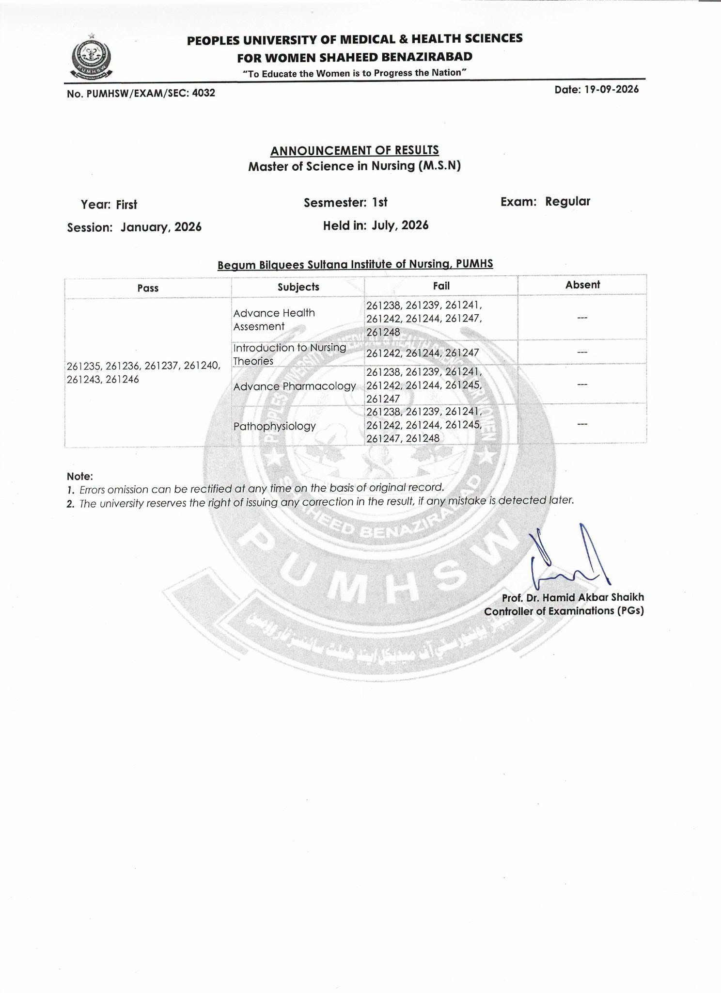 PUMHS Result 2026 Announced for MSN Students PUMHS Result 2026 Announced for MSN Students