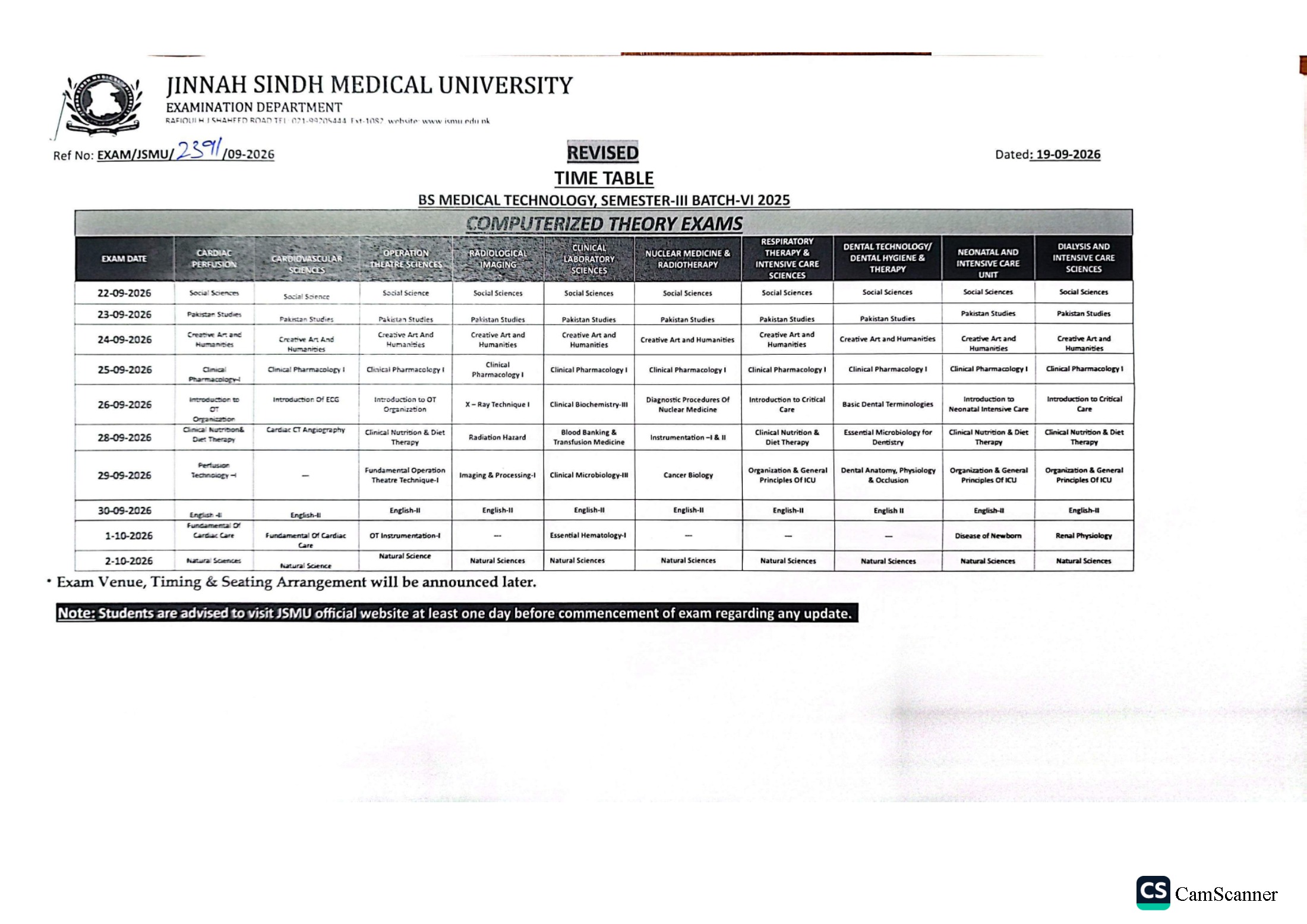 JSMU Updated Time Table 2026 Announced