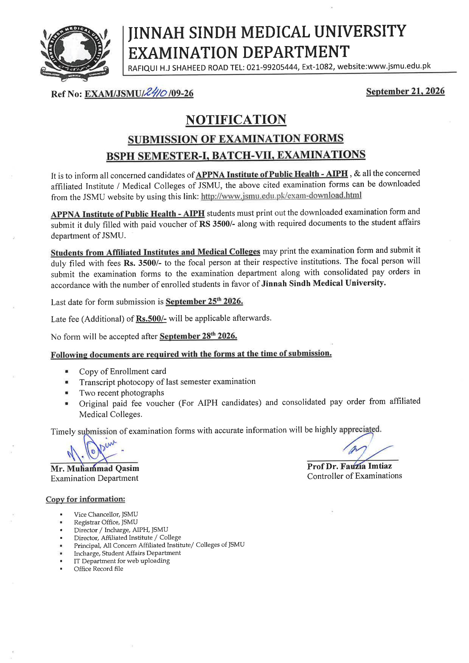 JSMU Exam Form Submission Notice 2026 for BSPH Program JSMU Exam Form Submission Notice 2026 for BSPH Program