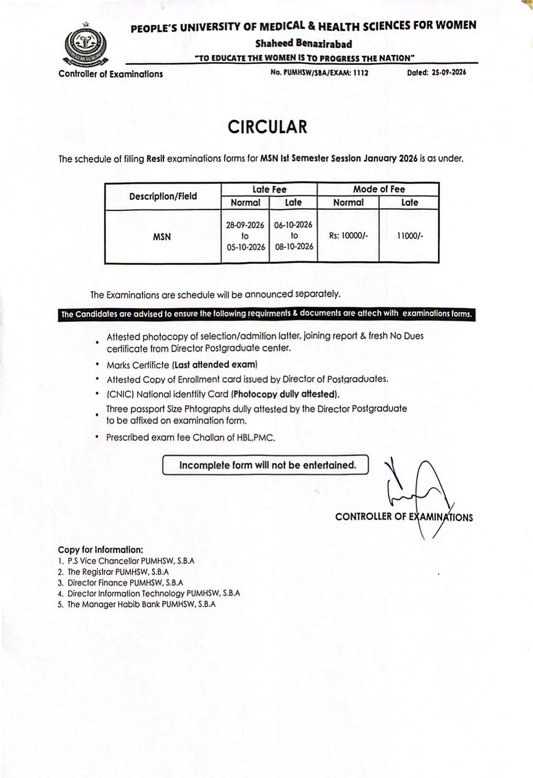 PUMHS MSN 1st Semester Exam Notice 2026 PUMHS MSN 1st Semester Exam Notice 2026