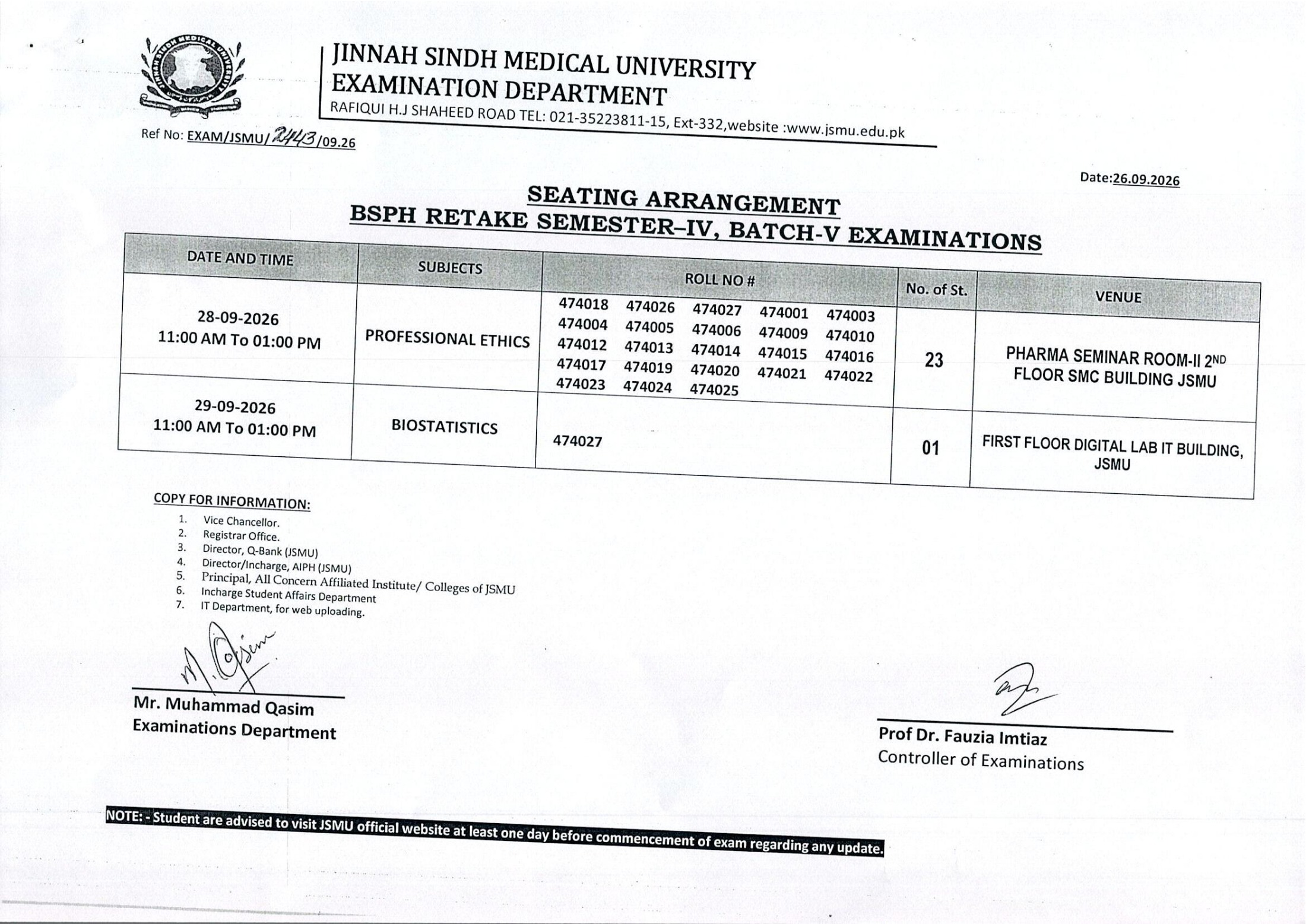 JSMU Issues Seating Arrangement for BSPH Sem IV Batch V 2026