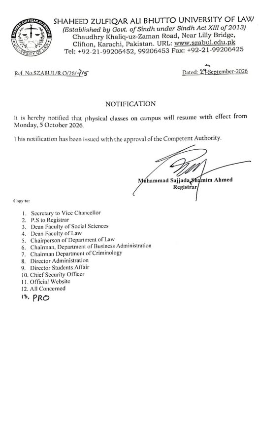 SZABUL Classes Commencement Notice 2026 Released SZABUL Classes Commencement Notice 2026 Released