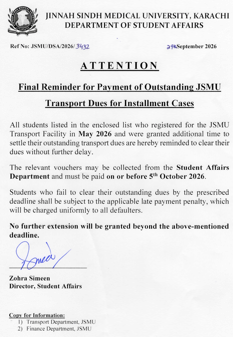 JSMU Transport Fee Notice 2026 Issued JSMU Transport Fee Notice 2026 Issued