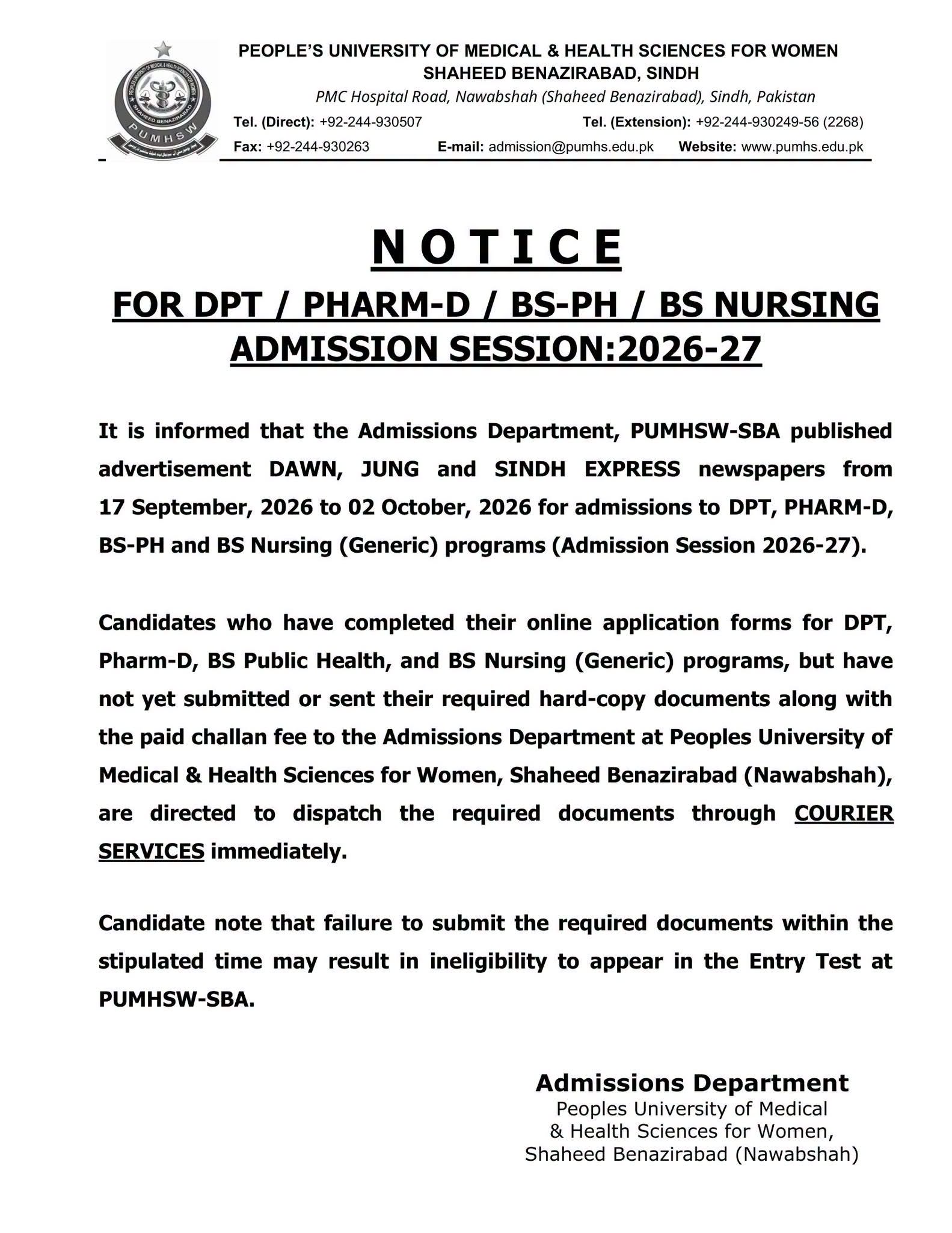 PUMHS Required Documents Submission Notice 2026 PUMHS Required Documents Submission Notice 2026