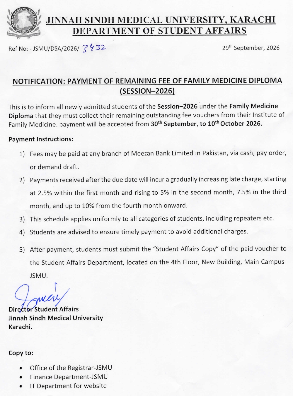 JSMU Remaining Fee Payment Notice 2026 for Family Medicine Diploma JSMU Remaining Fee Payment Notice 2026 for Family Medicine Diploma