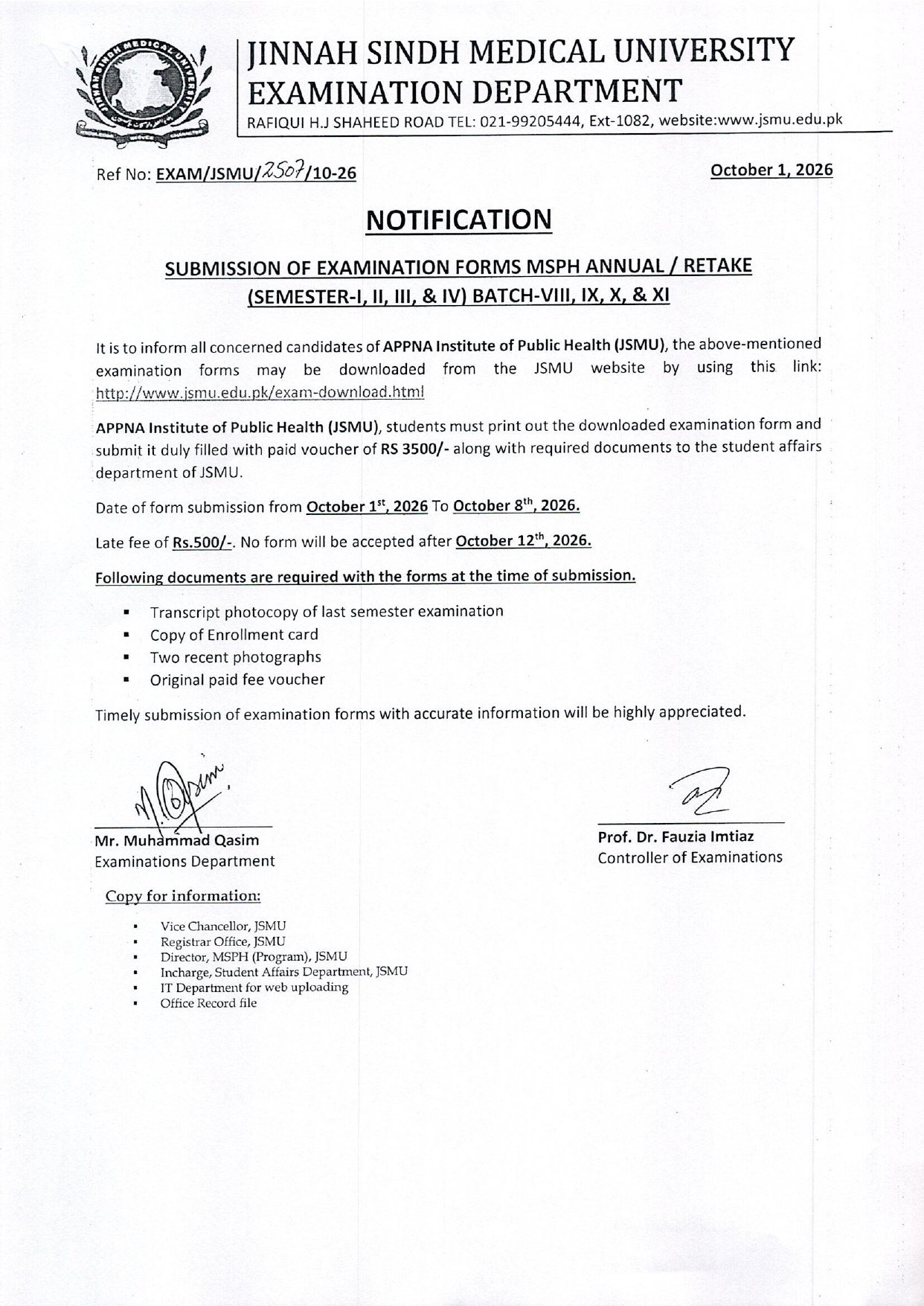 JSMU Exam Form Submission Notice 2026 for MSPH Annual Retake Semesters I-IV JSMU Exam Form Submission Notice 2026 for MSPH Annual Retake Semesters I-IV