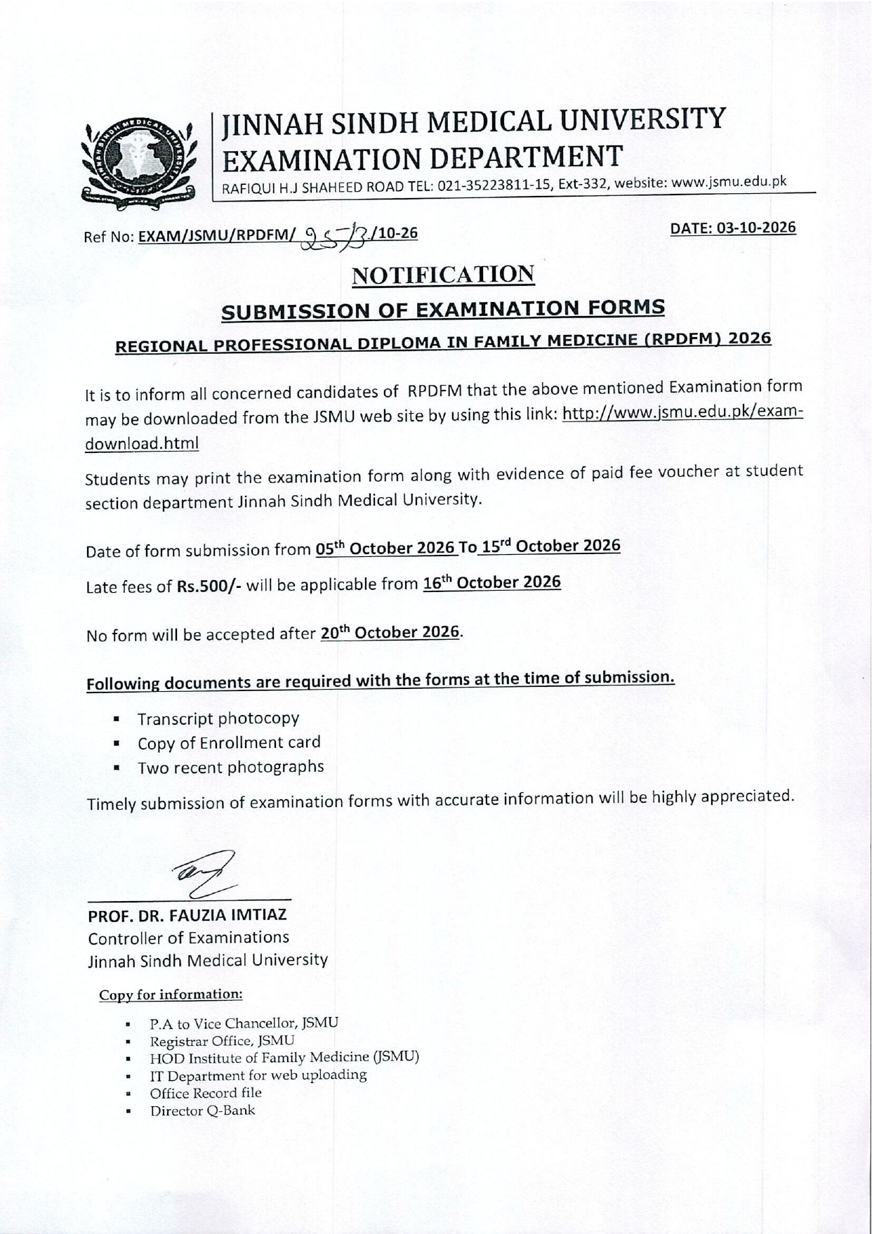 JSMU Exam Form Submission Notice 2026 for RPDFM Program JSMU Exam Form Submission Notice 2026 for RPDFM Program