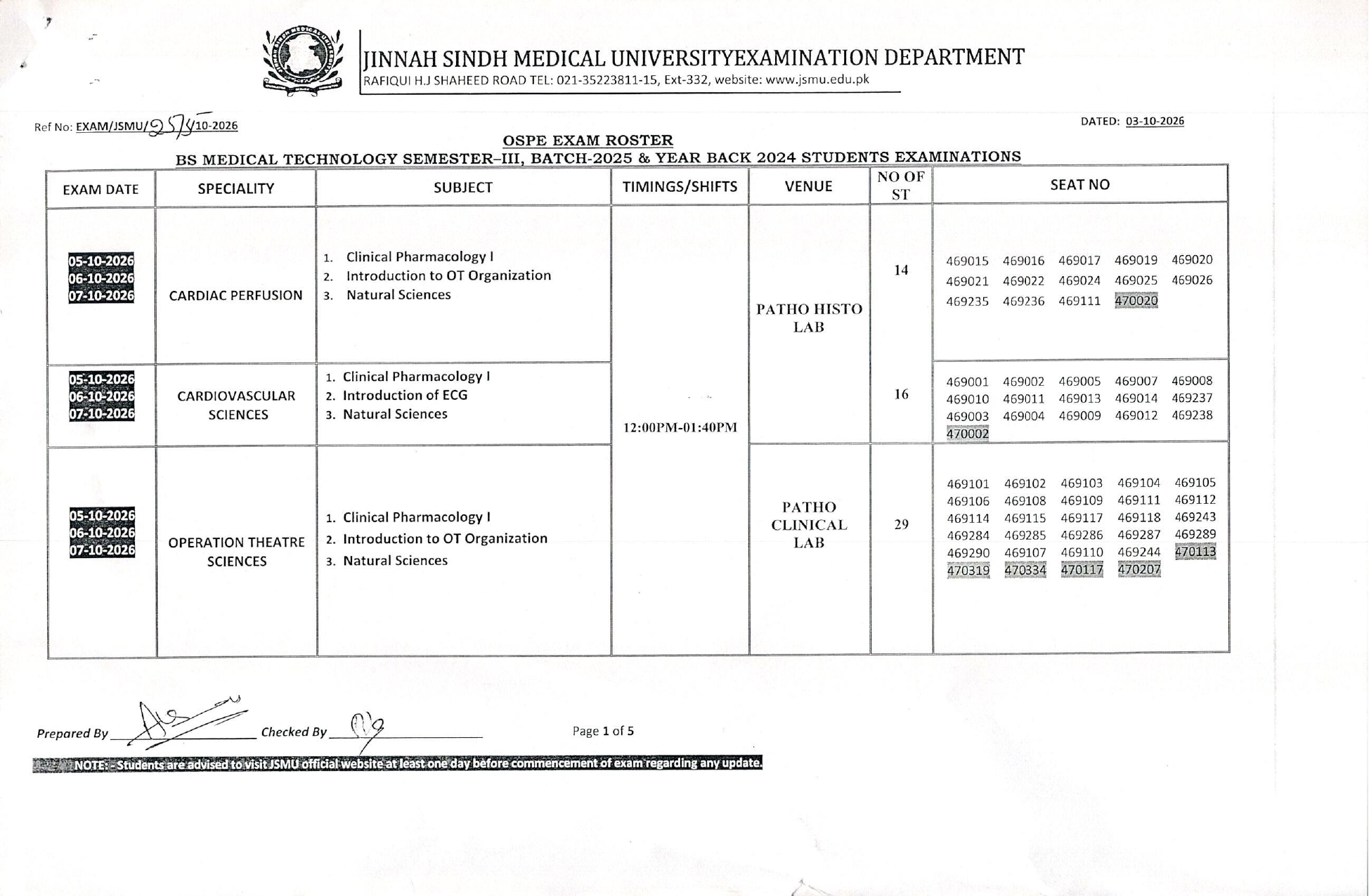 JSMU Date Sheet 2026 for BSMT Sem III OSPE Exam Roster JSMU Date Sheet 2026 for BSMT Sem III OSPE Exam Roster