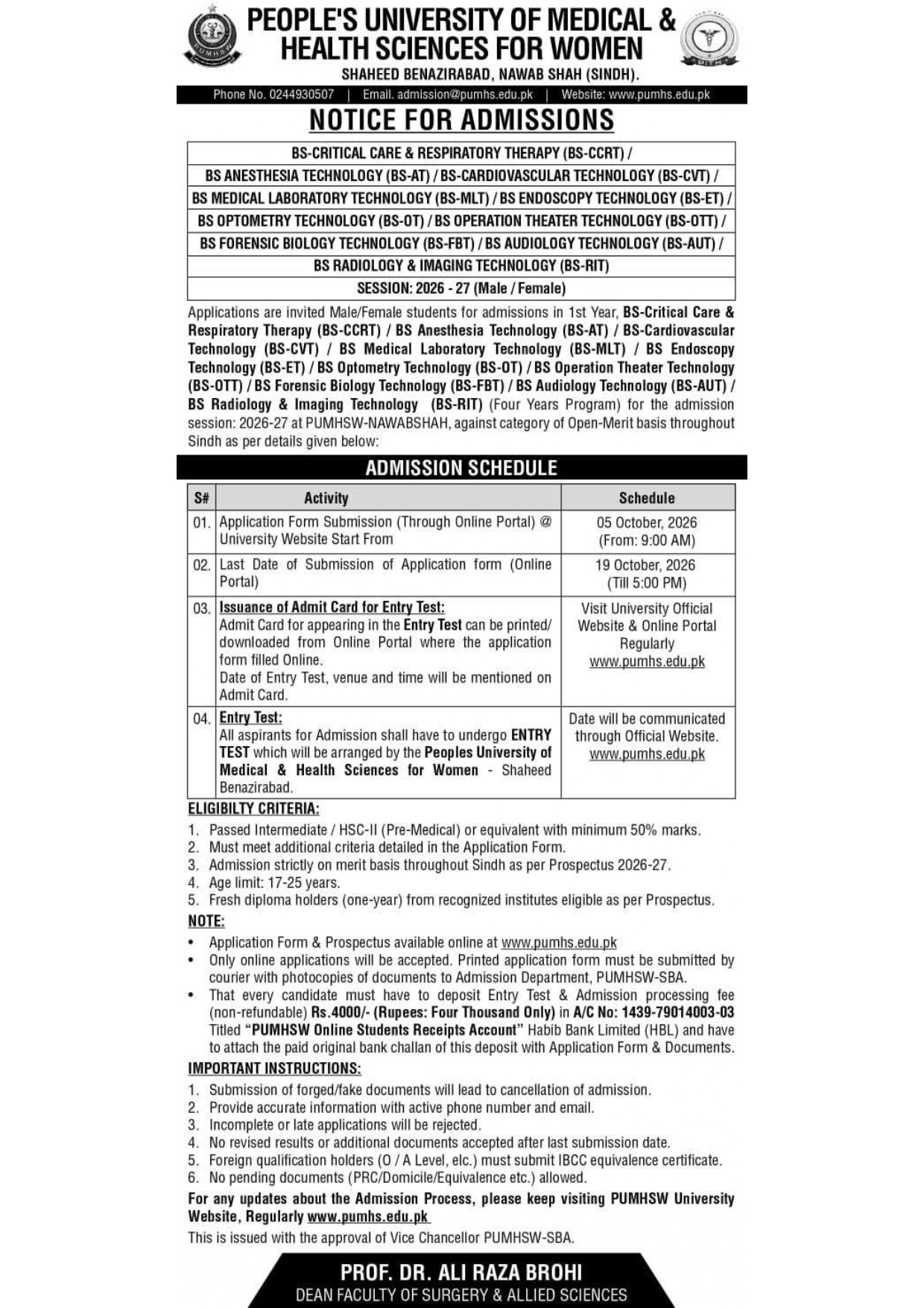 PUMHS Admission Notice 2026 for BS Technologist Programs