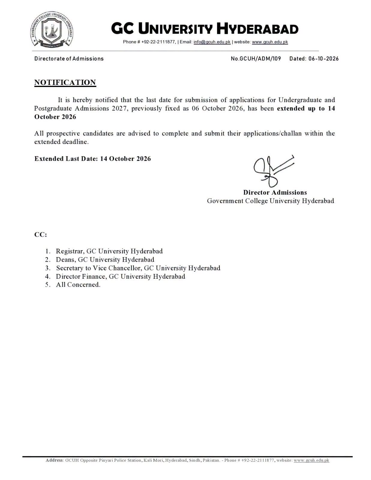 GCUH Admission Deadline Extension Notice 2026 for UG & PG Programs GCUH Admission Deadline Extension Notice 2026 for UG & PG Programs