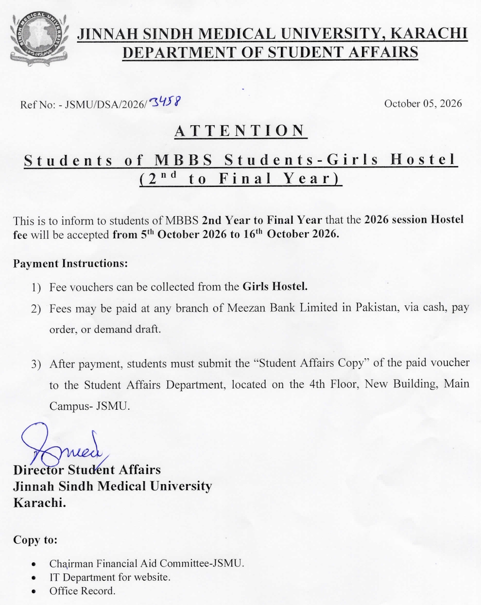 JSMU MBBS Girls Hostel 2nd to Final Year Fee Notice 2026 JSMU MBBS Girls Hostel 2nd to Final Year Fee Notice 2026